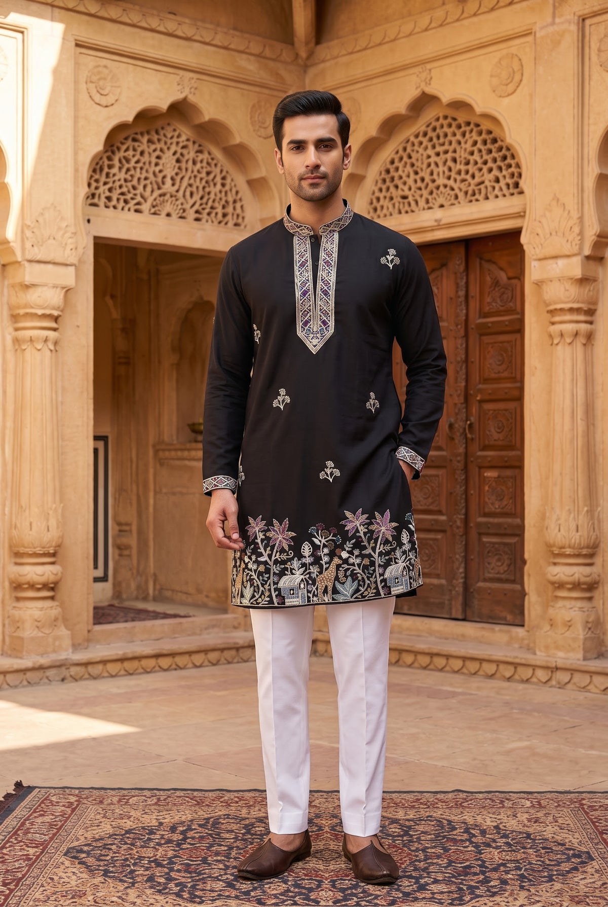 Black V-Neck Embroidered Men's Kurta Pajama Set | Pashchim Canada