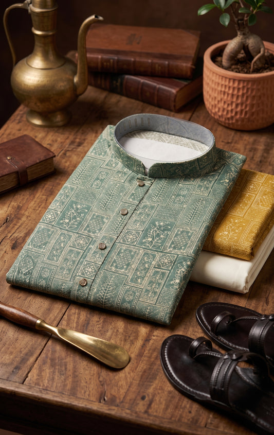 Designer Festive Kurta Pant Set for Men in Sage Green in Pashchim Canada