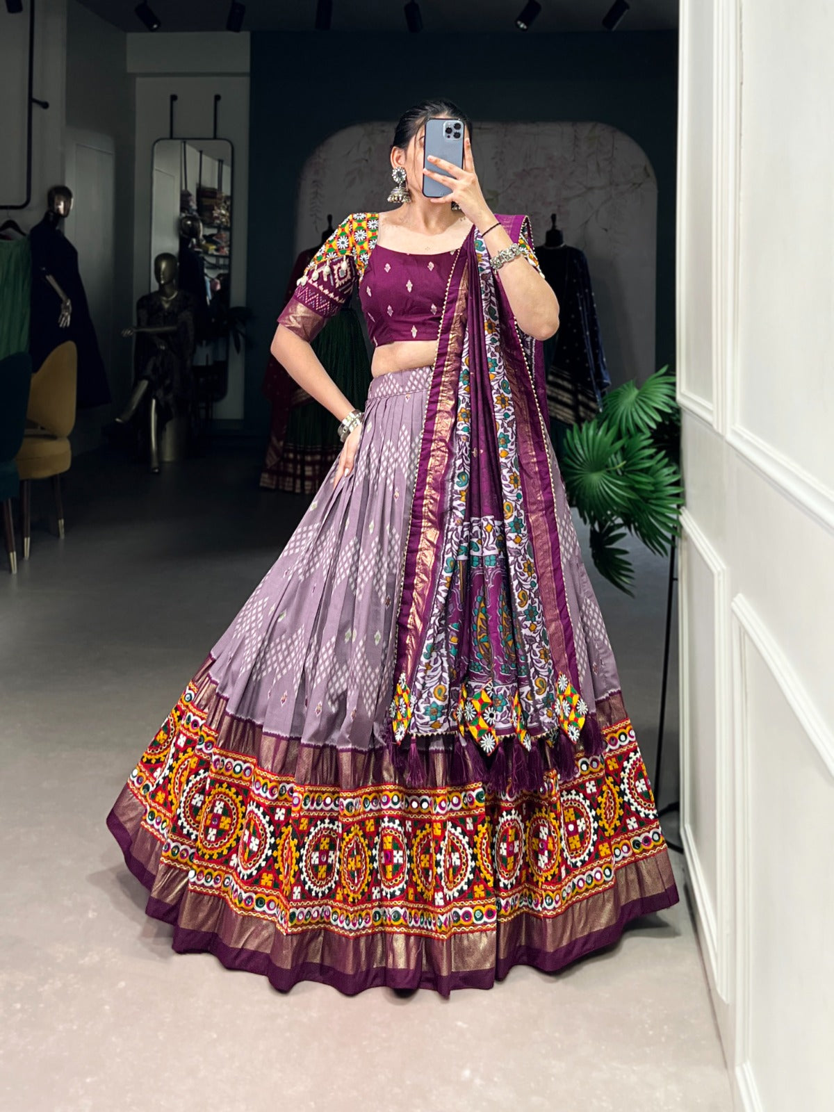 Designer Tussar Silk Chaniya Choli for Navratri | Gamthi Work Garba Lehenga in Canada