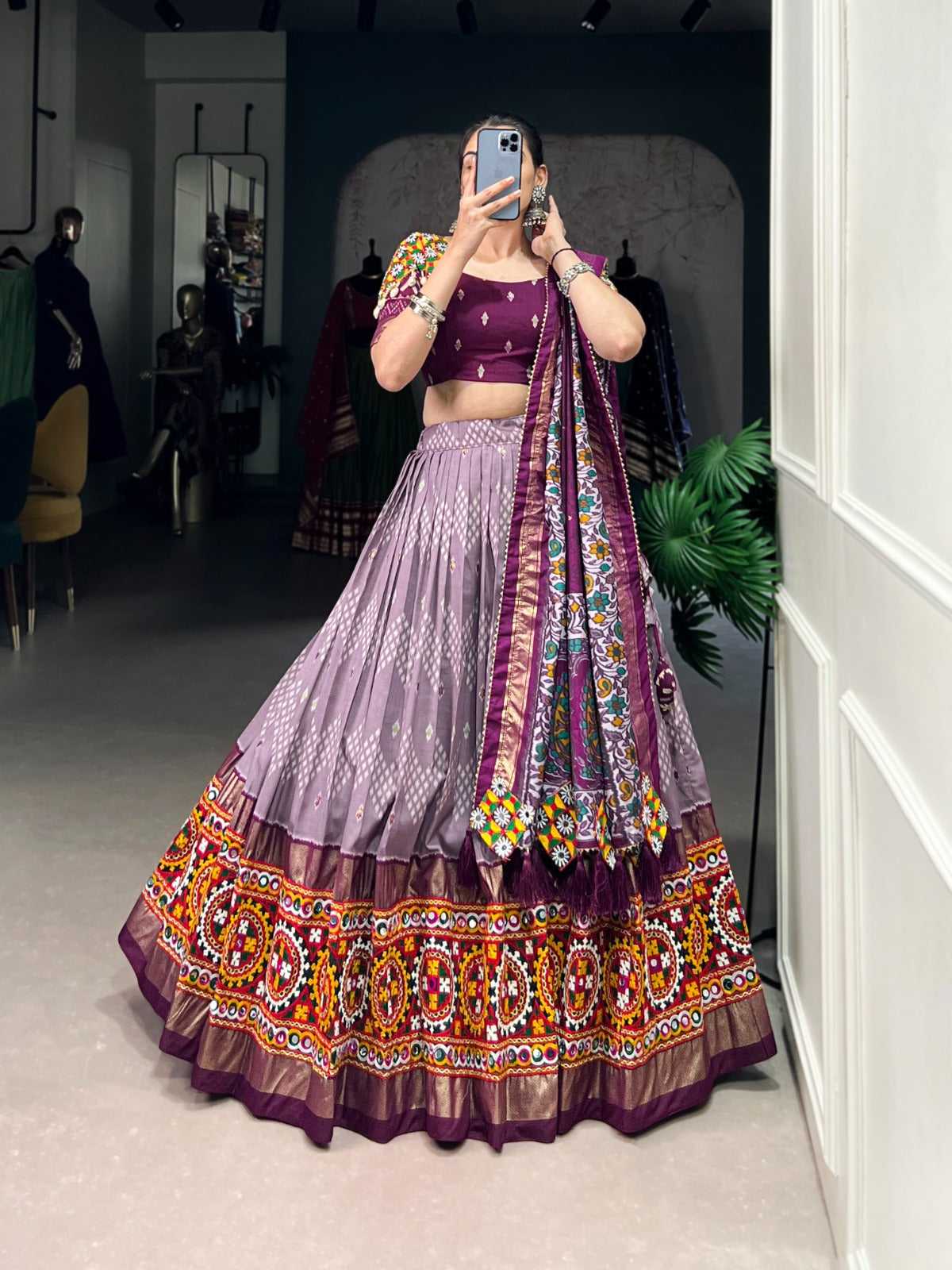 Designer Tussar Silk Chaniya Choli for Navratri | Gamthi Work Garba Lehenga in Canada