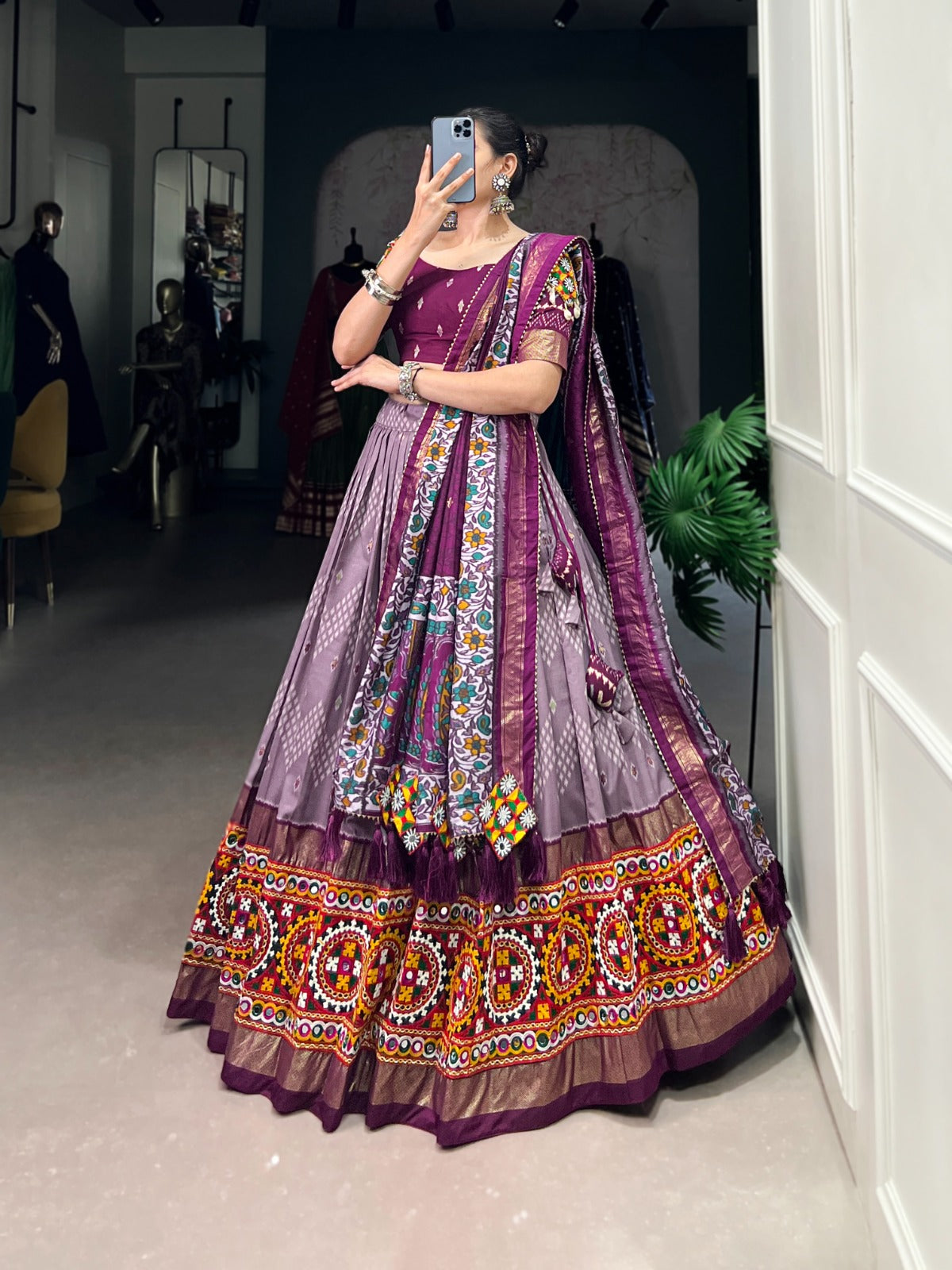 Designer Tussar Silk Chaniya Choli for Navratri | Gamthi Work Garba Lehenga in Canada