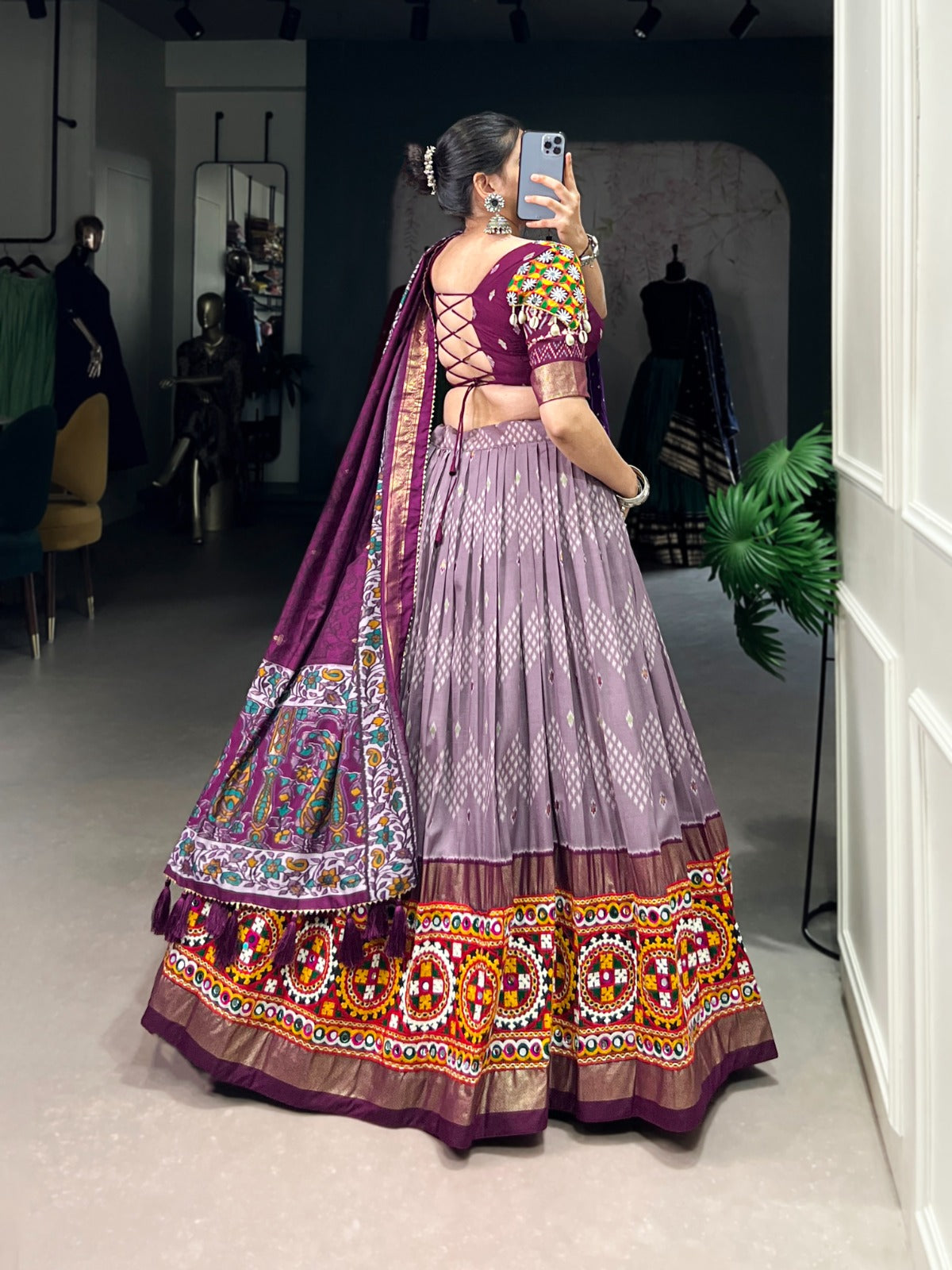 Designer Tussar Silk Chaniya Choli for Navratri | Gamthi Work Garba Lehenga in Canada