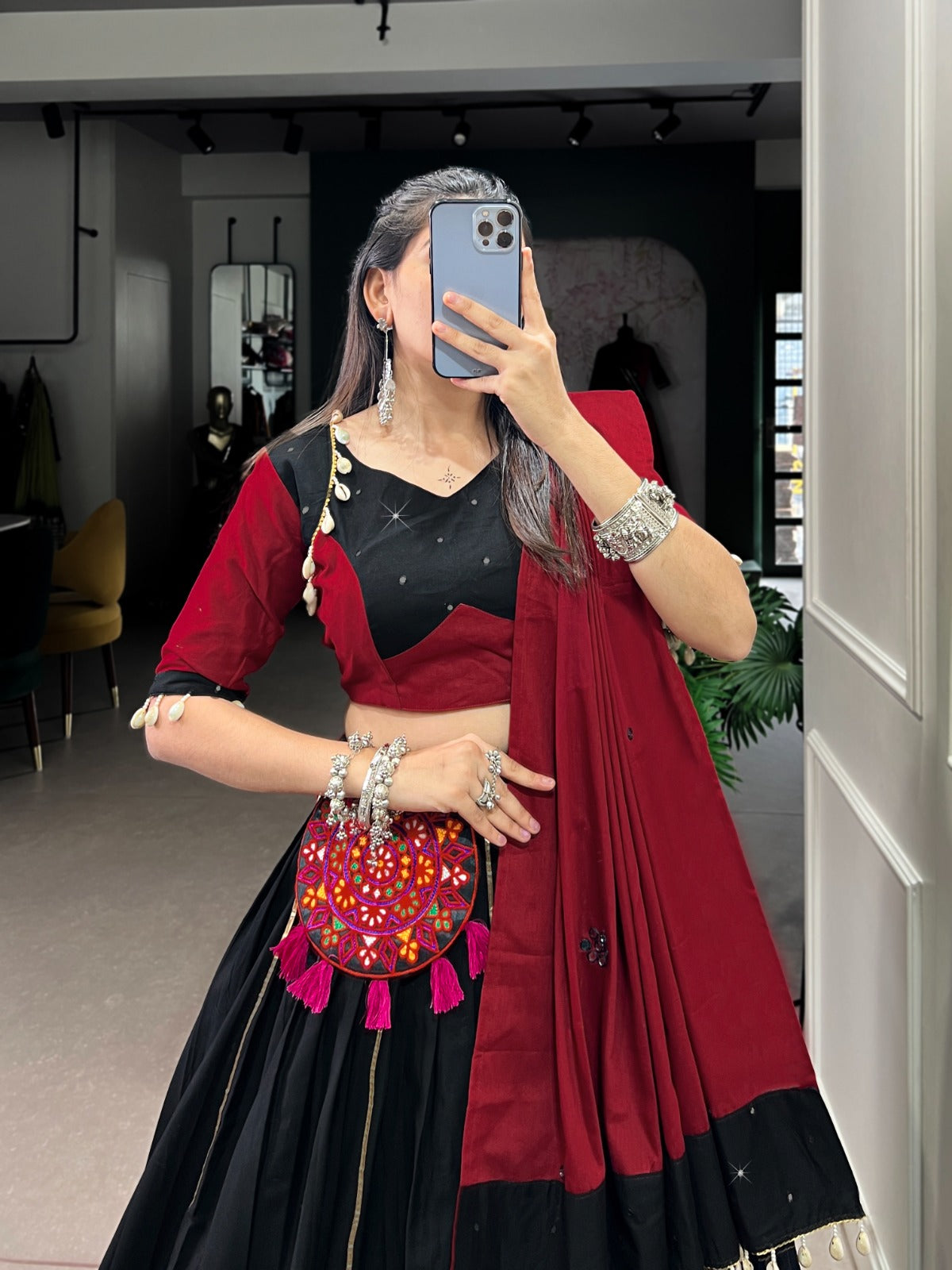 Statement Black Chaniya Choli for Navratri | Complete Garba Set with Purse in Canada
