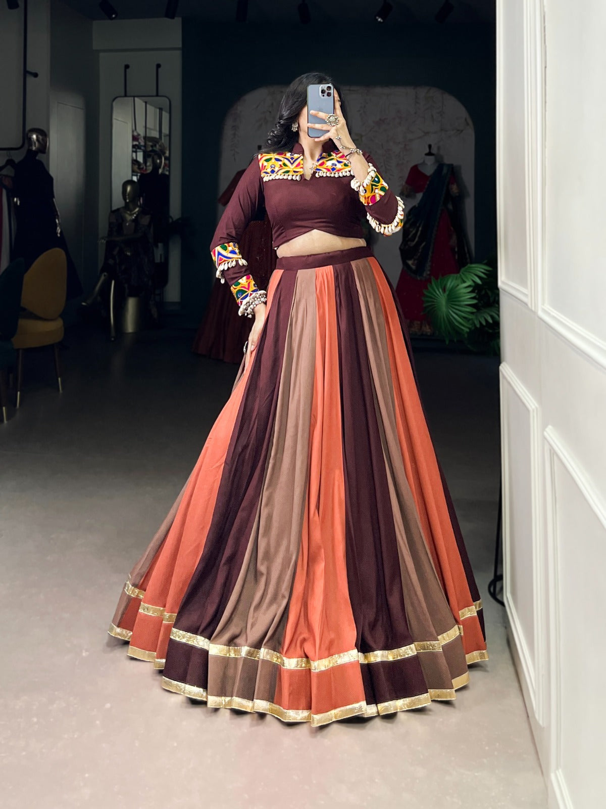 Elegant Gamthi Work Chaniya Choli for Navratri | 8-Meter Flair Garba Dress in Canada