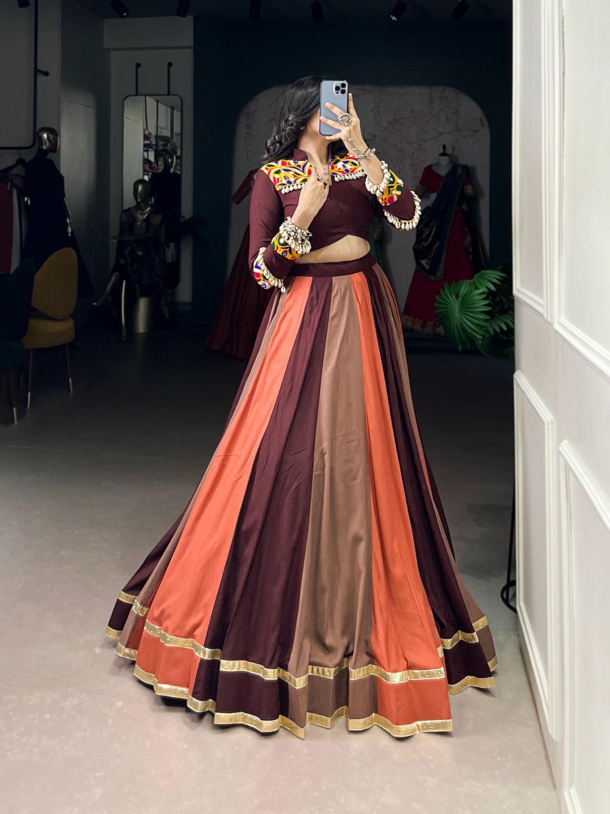 Elegant Gamthi Work Chaniya Choli for Navratri | 8-Meter Flair Garba Dress in Canada