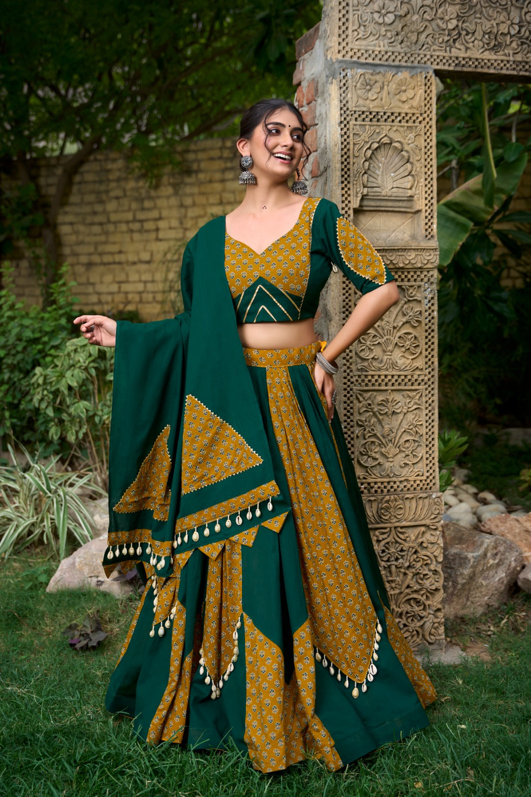 Earthy Cowrie Work Chaniya Choli for Navratri | Pure Cotton Garba Dress in Canada