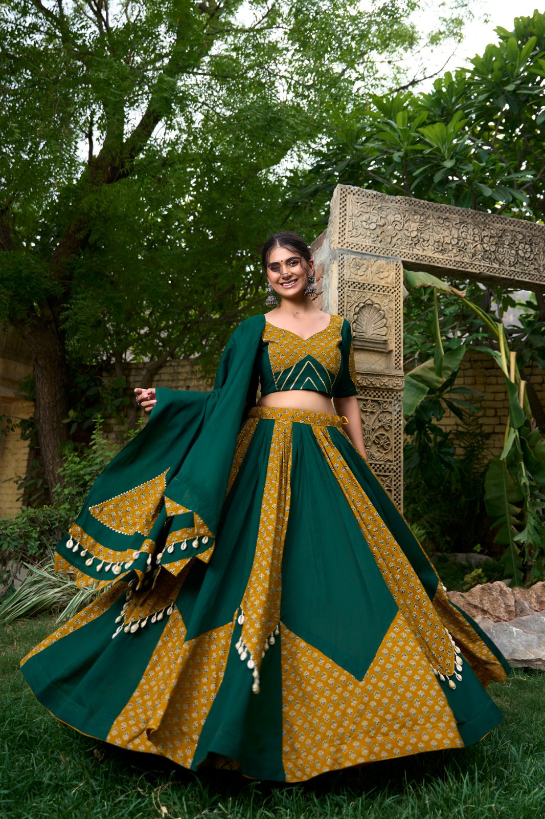 Earthy Cowrie Work Chaniya Choli for Navratri | Pure Cotton Garba Dres Pashchim Earthy Cowrie Work Chaniya Choli for Navratri | Pure Cotton Garba Dres Pashchim