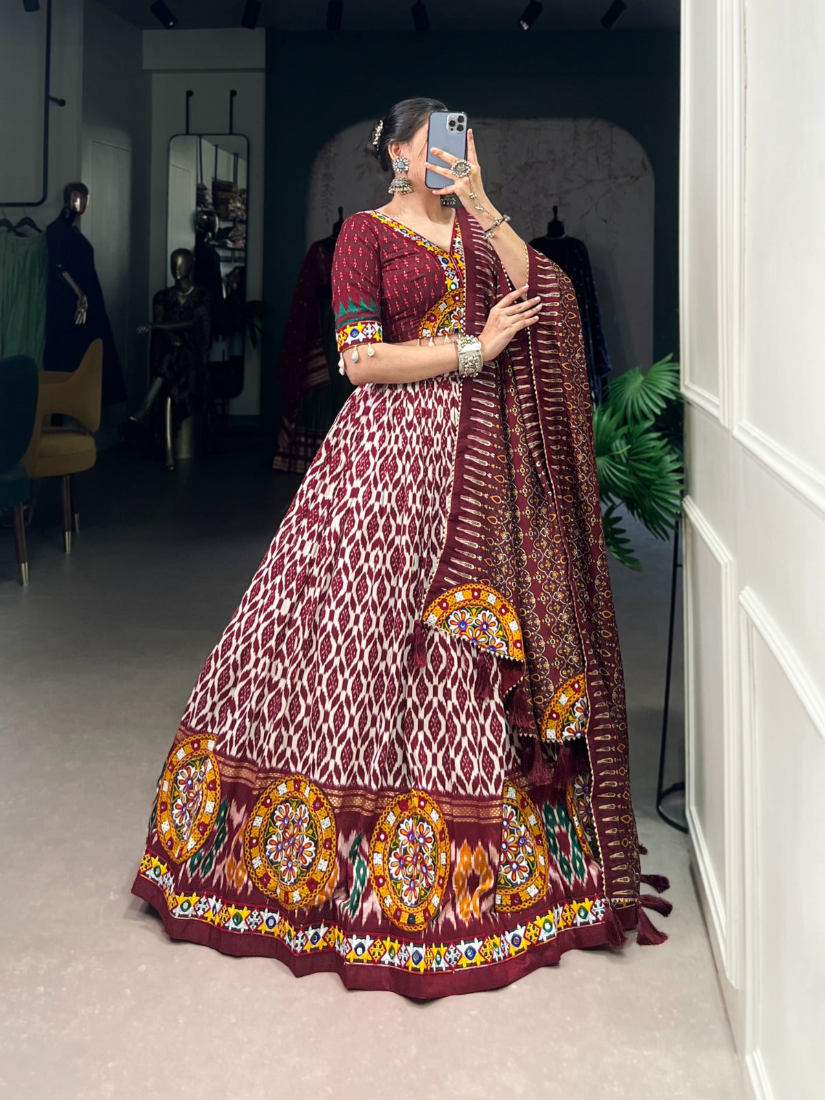 Designer Tussar Silk Chaniya Choli for Navratri | Ikkat Print Garba Lehenga in Canada