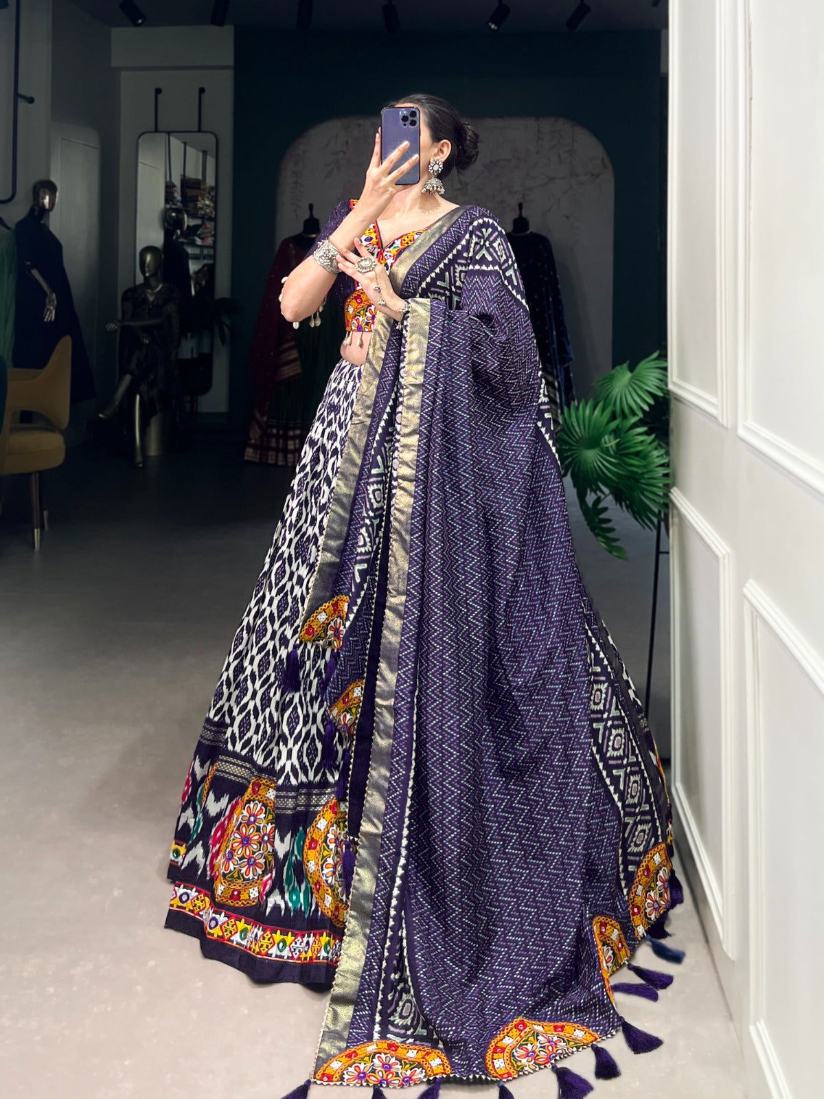 Dark Blue Designer Tussar Silk Chaniya Choli for Navratri | Ikkat Print Garba Lehenga in Canada
