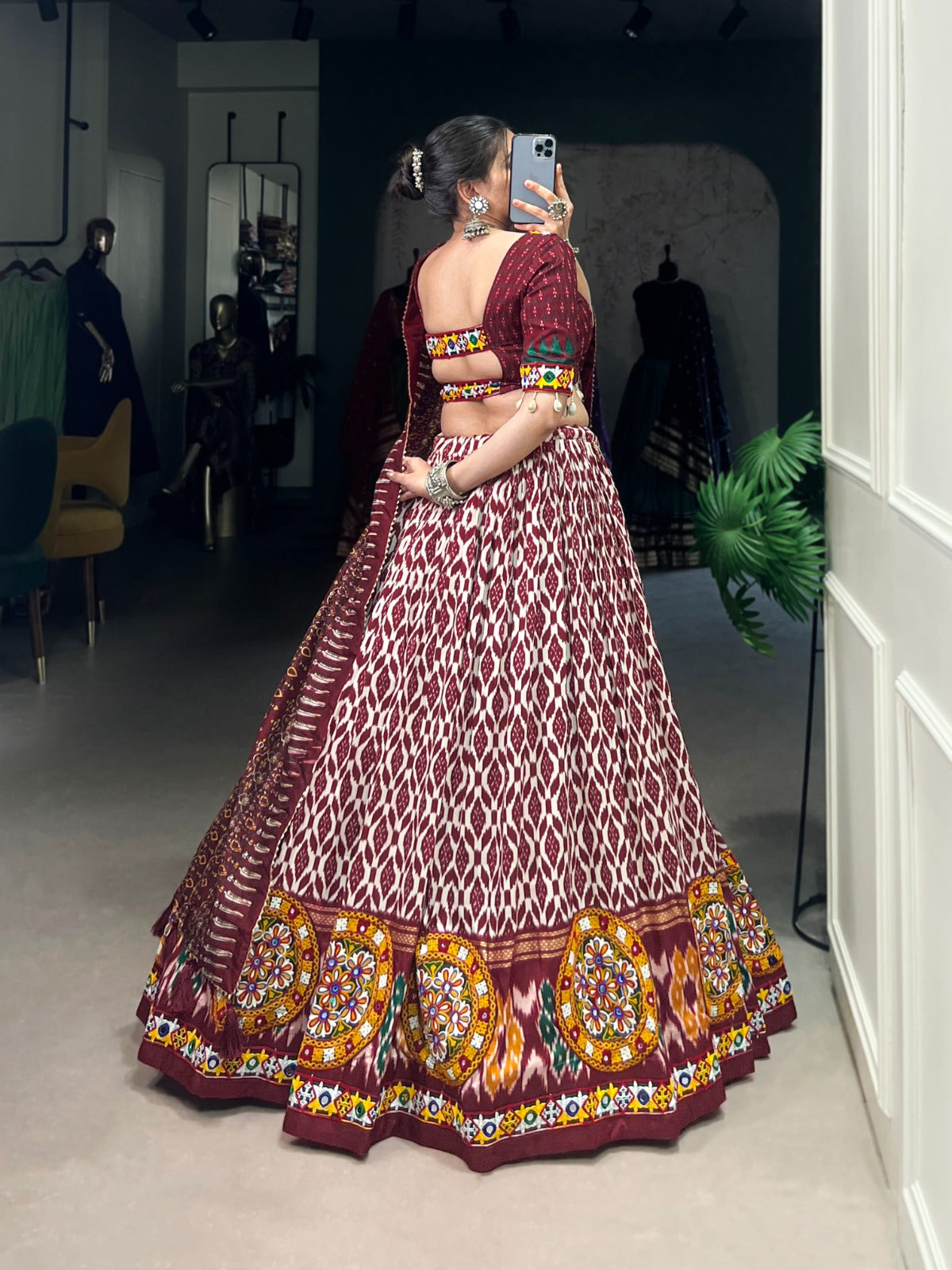Designer Tussar Silk Chaniya Choli for Navratri | Ikkat Print Garba Lehenga in Canada