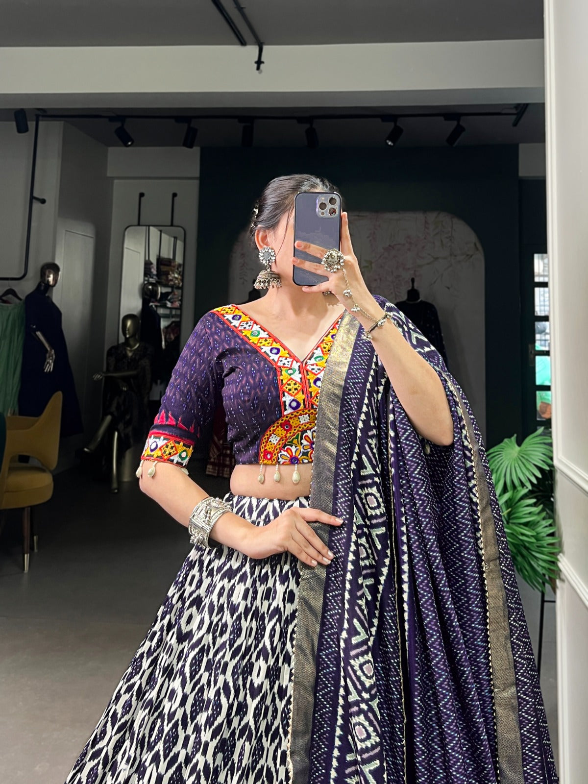 Dark Blue Designer Tussar Silk Chaniya Choli for Navratri | Ikkat Print Garba Lehenga in Canada