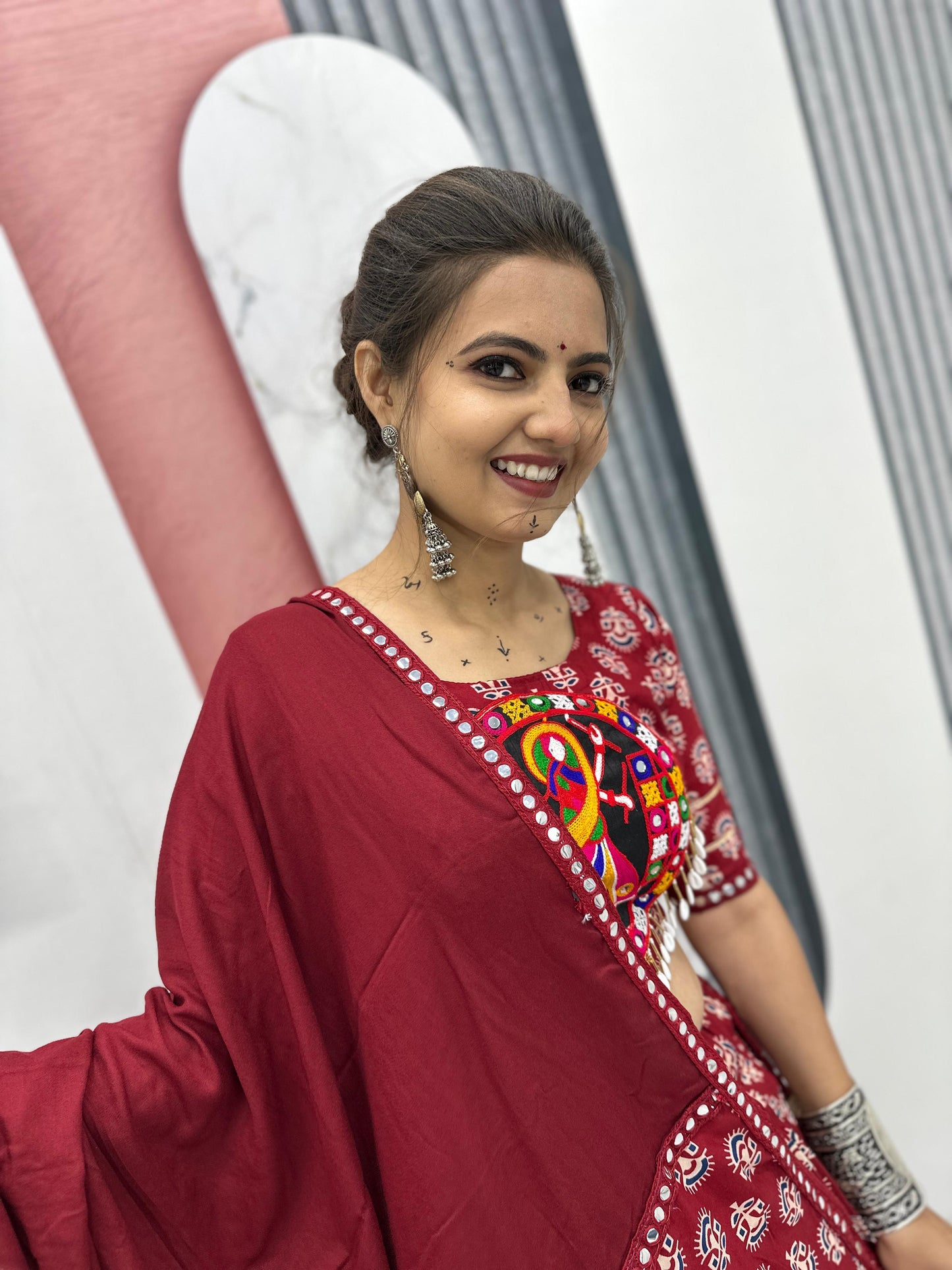 Maroon Authentic Gamathi Work Chaniya Choli for Navratri | Pure Cotton Garba Dress in Canada
