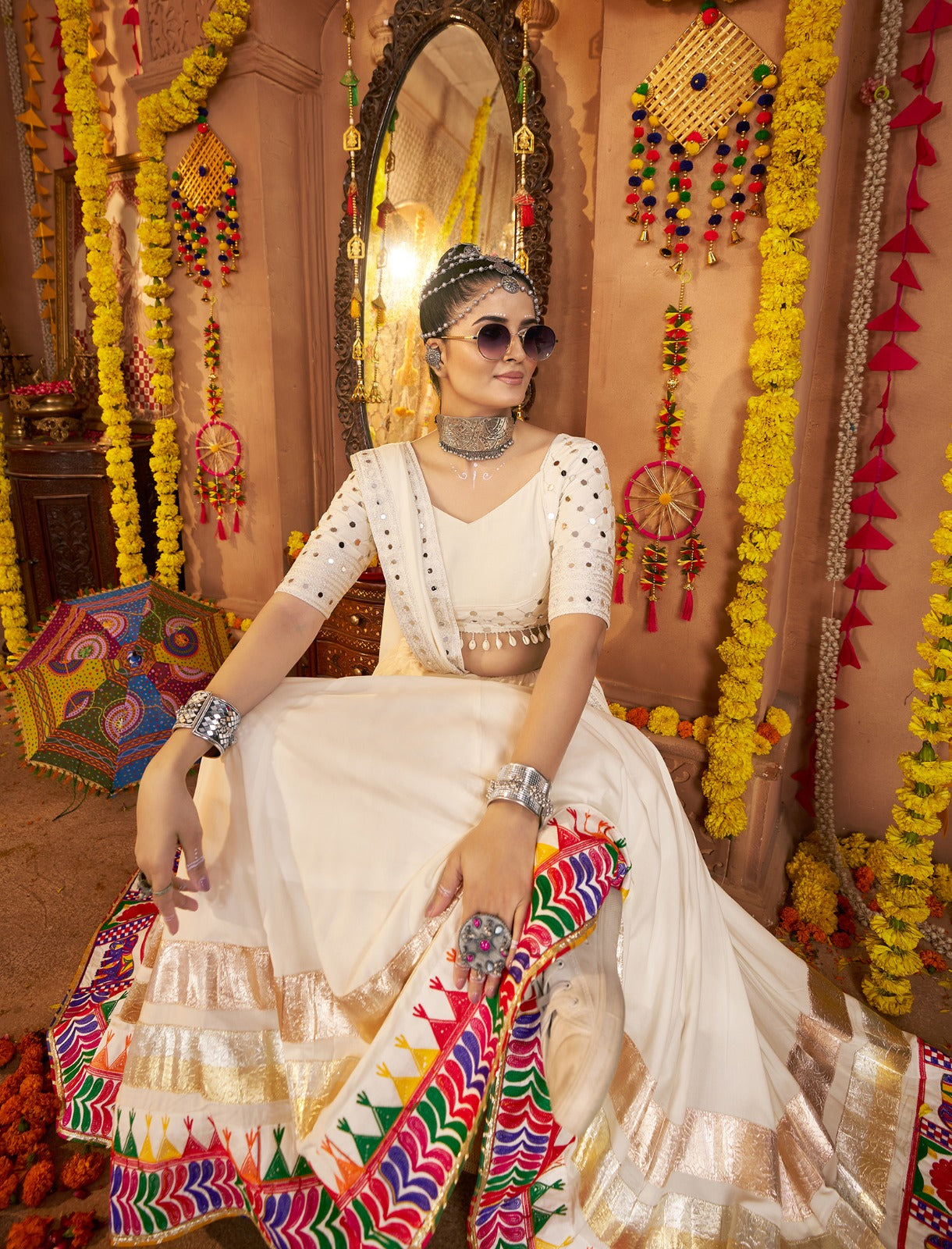 Elegant Threadwork Chaniya Choli with Mirror Work Blouse | 9M Flair | Canada