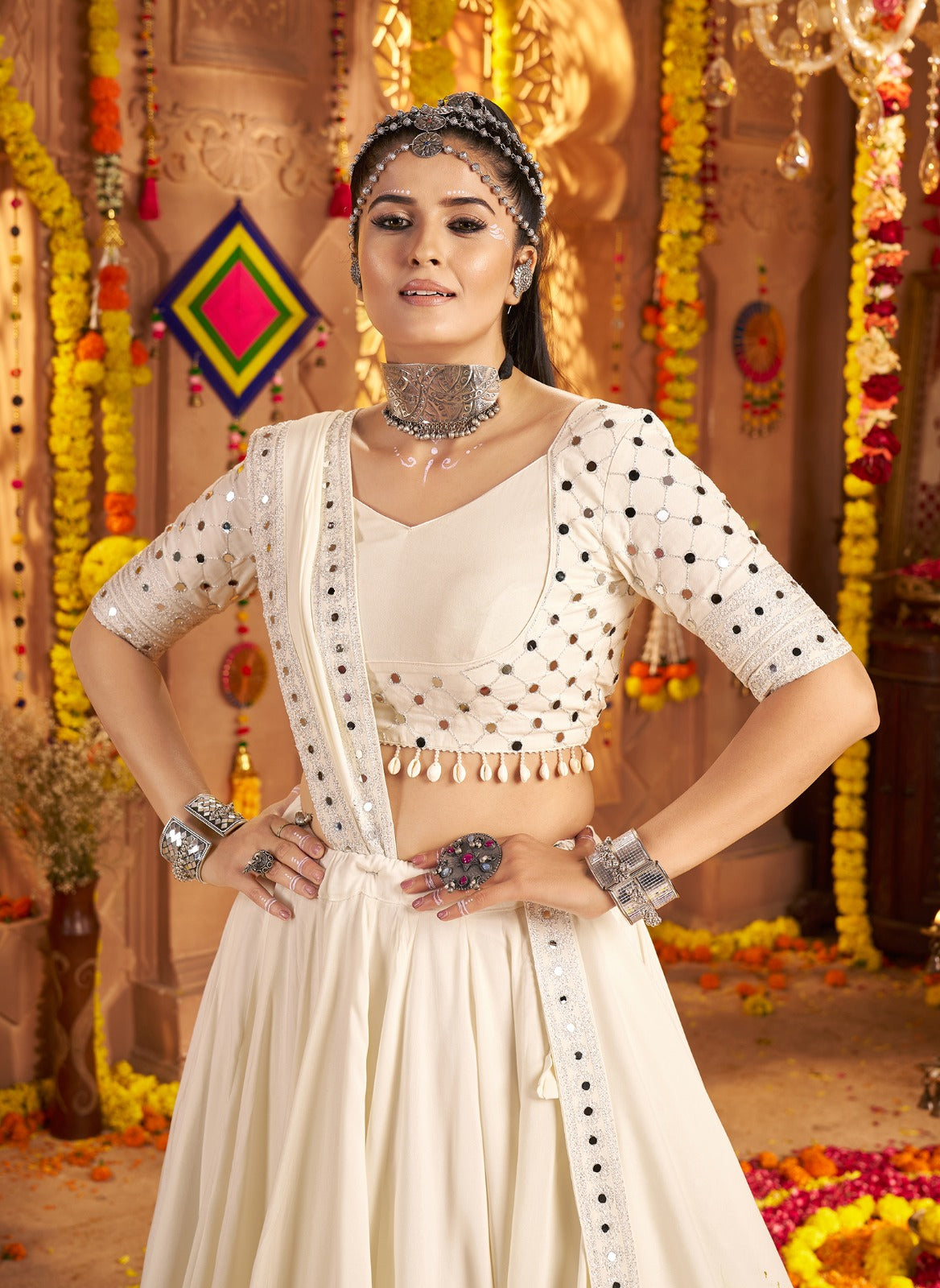 Elegant Threadwork Chaniya Choli with Mirror Work Blouse | 9M Flair | Canada
