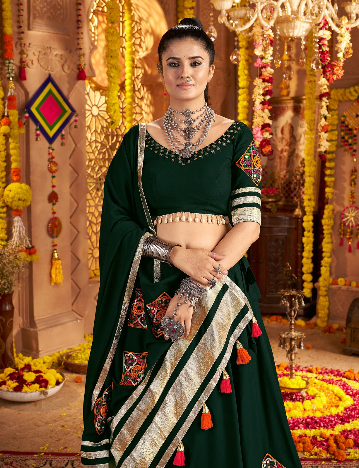 Spectacular Green Full Flair Navratri Chaniya Choli | 9-Meter & Mirror Work | Canada