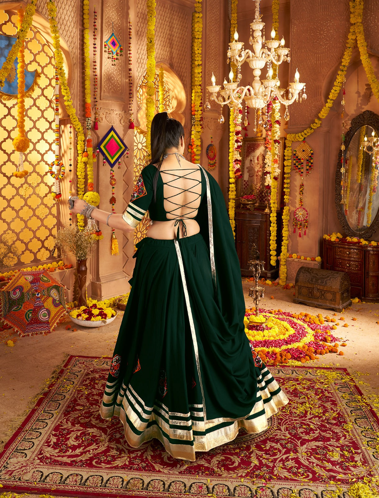 Spectacular Green Full Flair Navratri Chaniya Choli | 9-Meter & Mirror Work | Canada