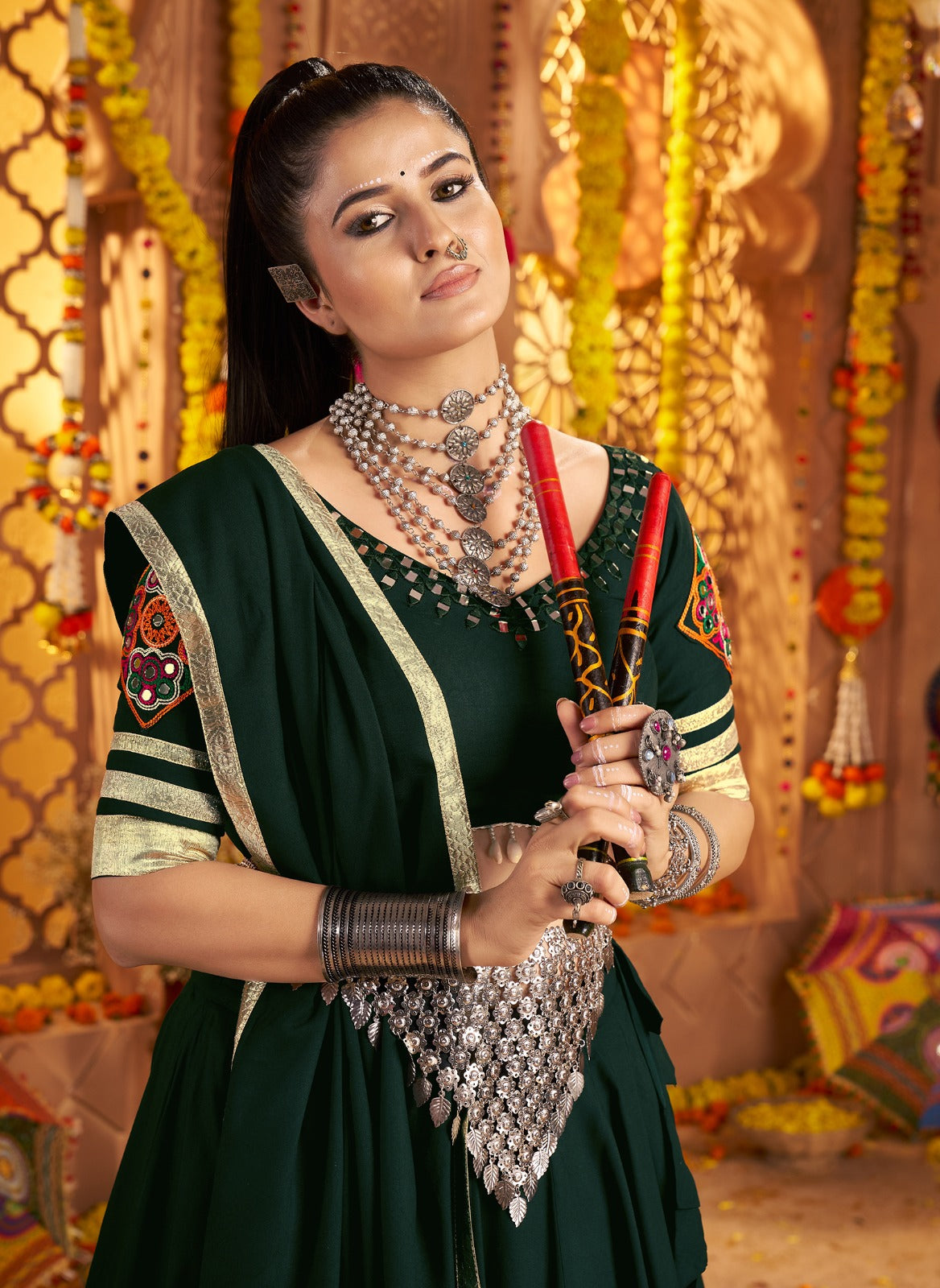 Spectacular Green Full Flair Navratri Chaniya Choli | 9-Meter & Mirror Work | Canada
