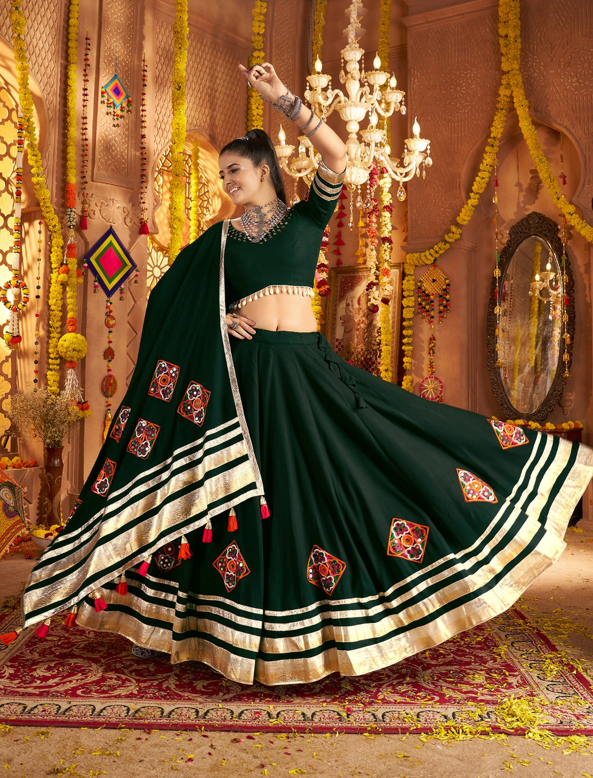 Spectacular Green Full Flair Navratri Chaniya Choli | 9-Meter & Mirror Work | Canada
