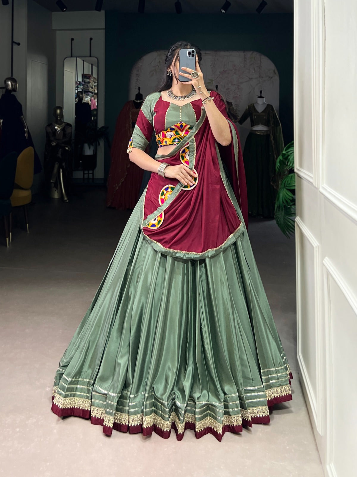 Green Authentic Gamthi Work Silk Crepe Chaniya Choli | Ready-to-Wear | Pashchim Kitchener