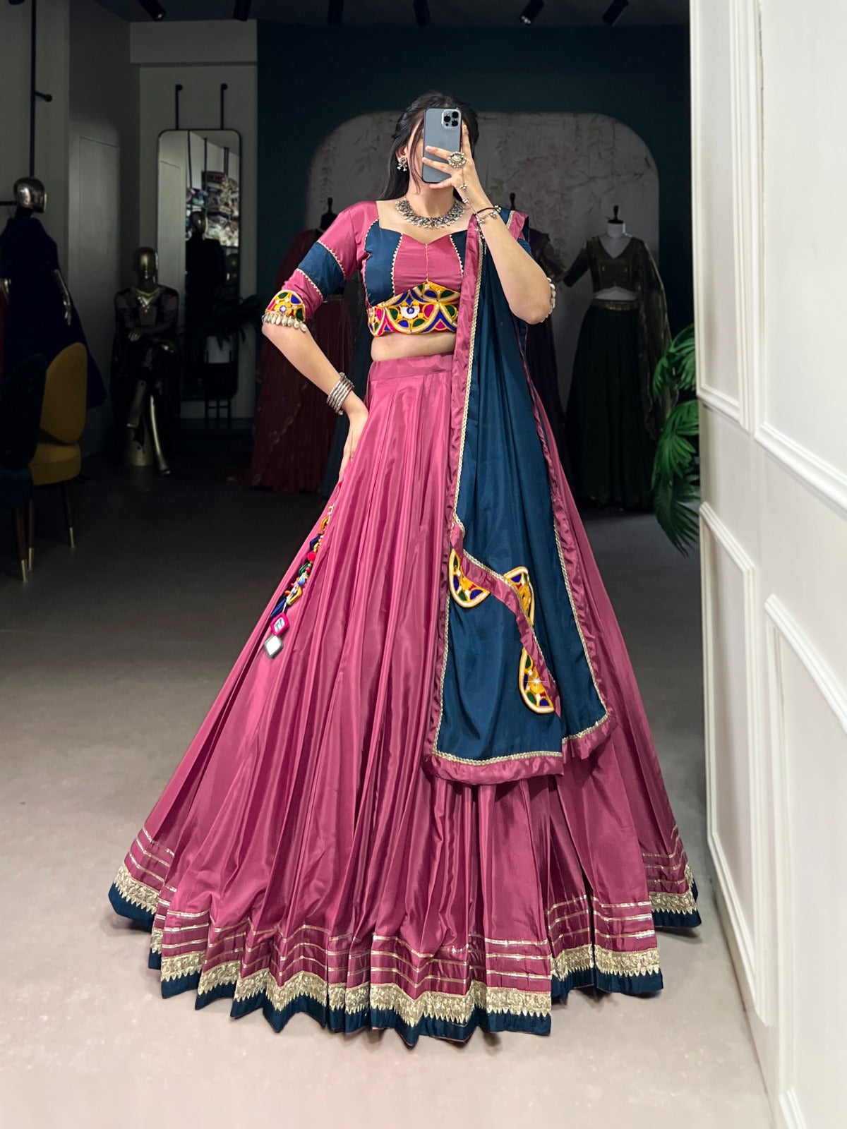 Pink Authentic Gamthi Work Silk Crepe Chaniya Choli | Ready-to-Wear | Canada