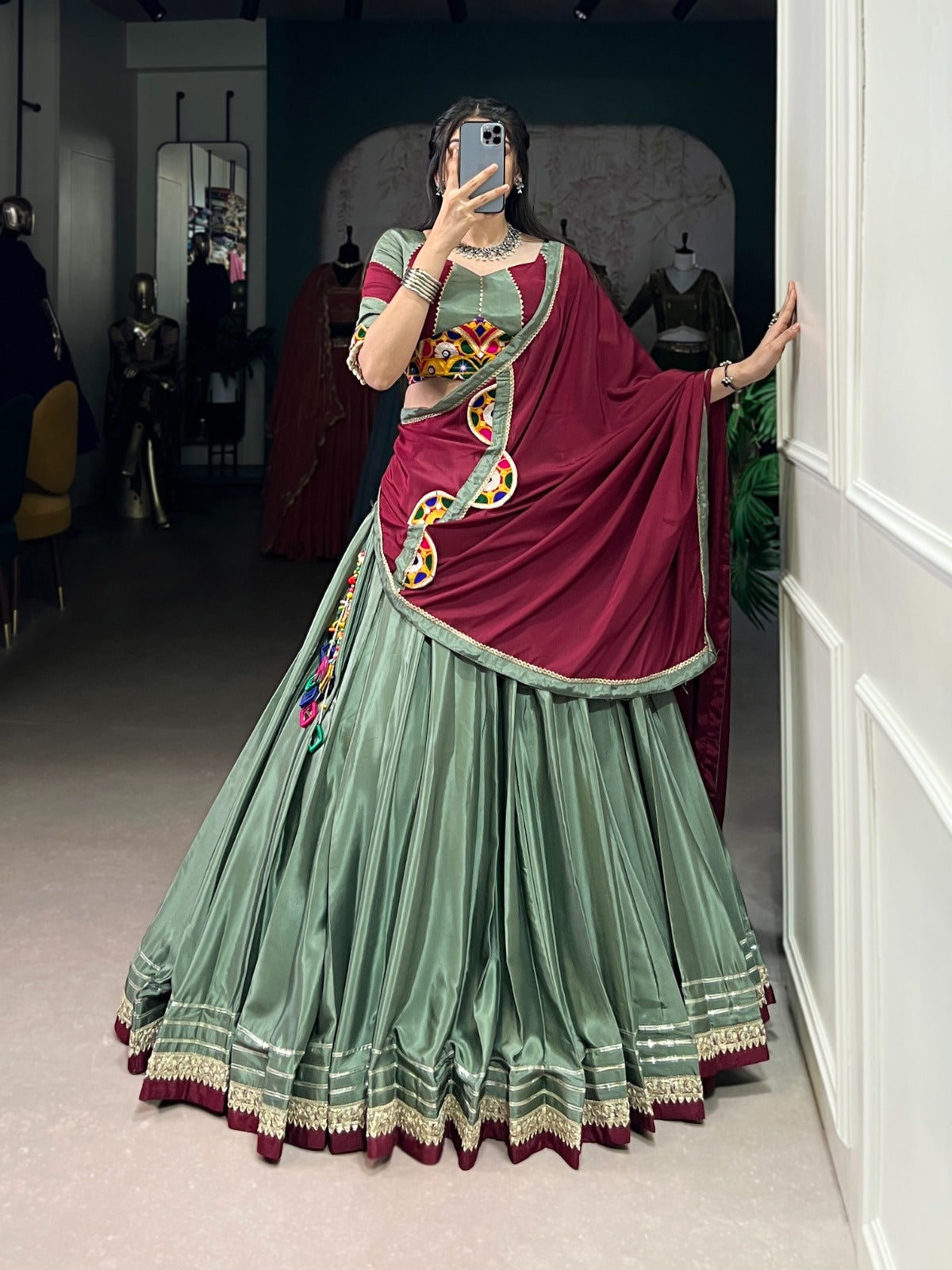 Green Authentic Gamthi Work Silk Crepe Chaniya Choli | Ready-to-Wear | Pashchim Kitchener