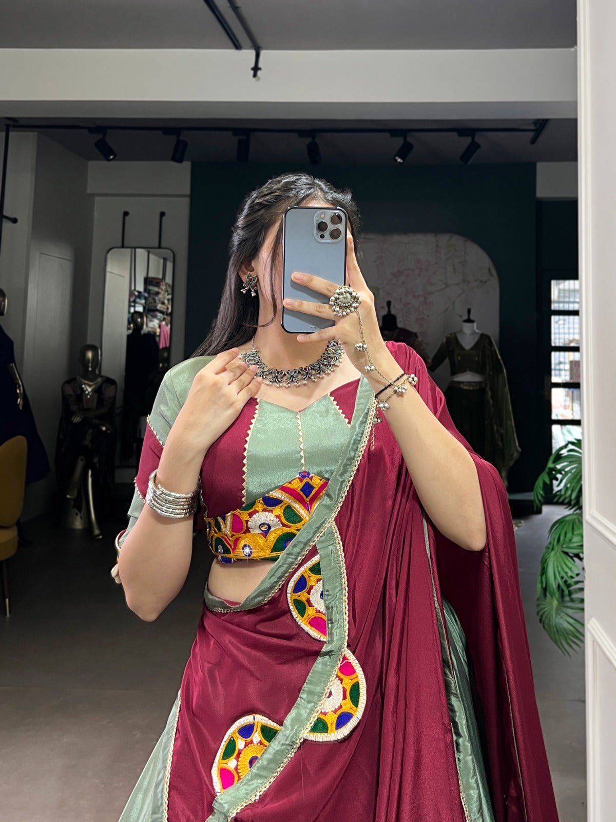 Green Authentic Gamthi Work Silk Crepe Chaniya Choli | Ready-to-Wear | Pashchim Kitchener