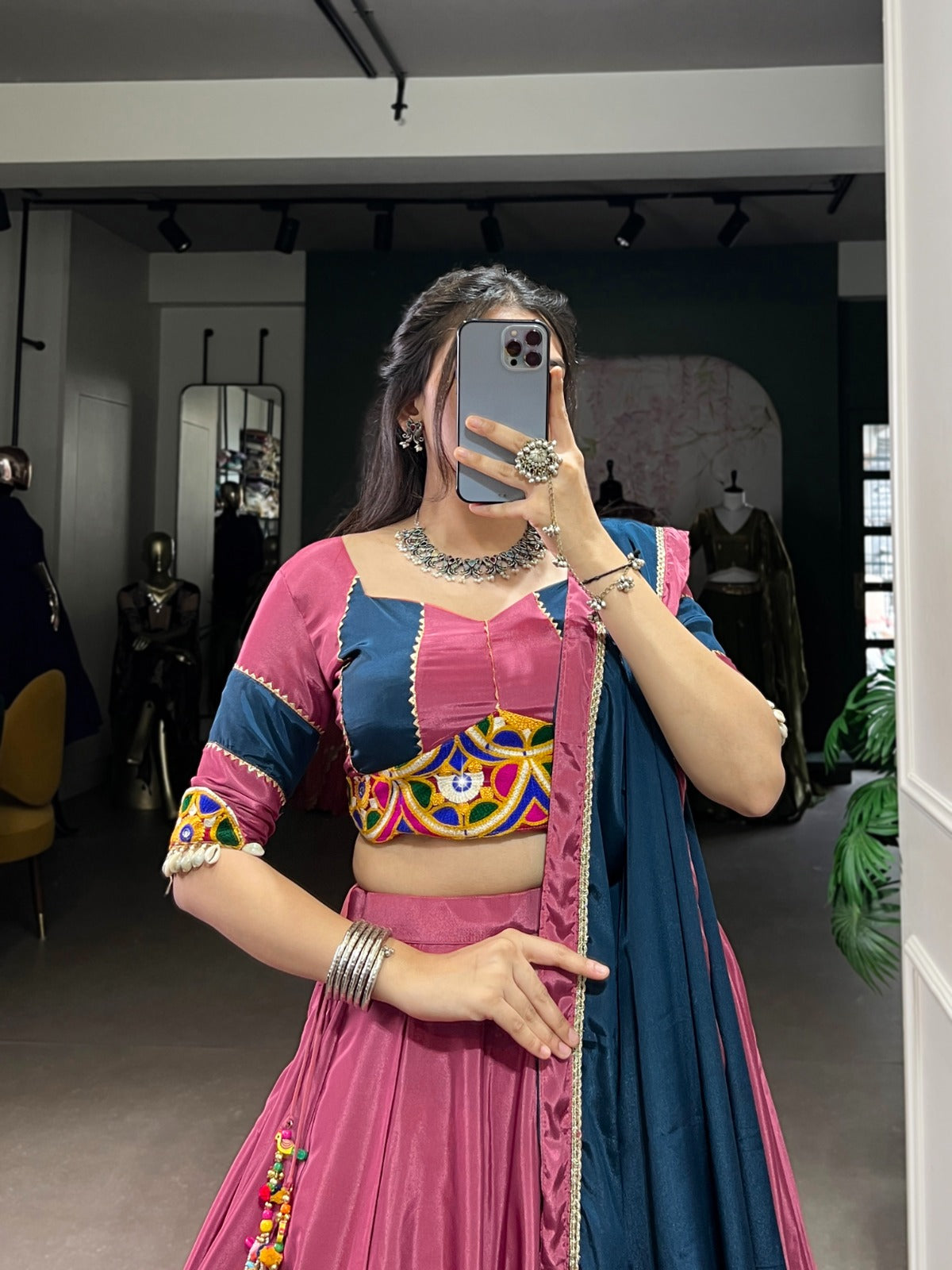 Pink Authentic Gamthi Work Silk Crepe Chaniya Choli | Ready-to-Wear | Canada