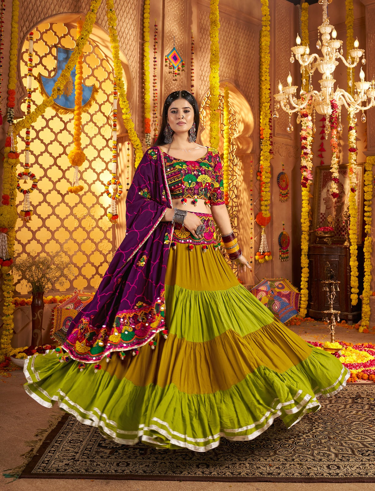 8-Meter Flair Navratri Chaniya Choli | Multicolor Thread & Mirror Work Garba Lehenga Canada