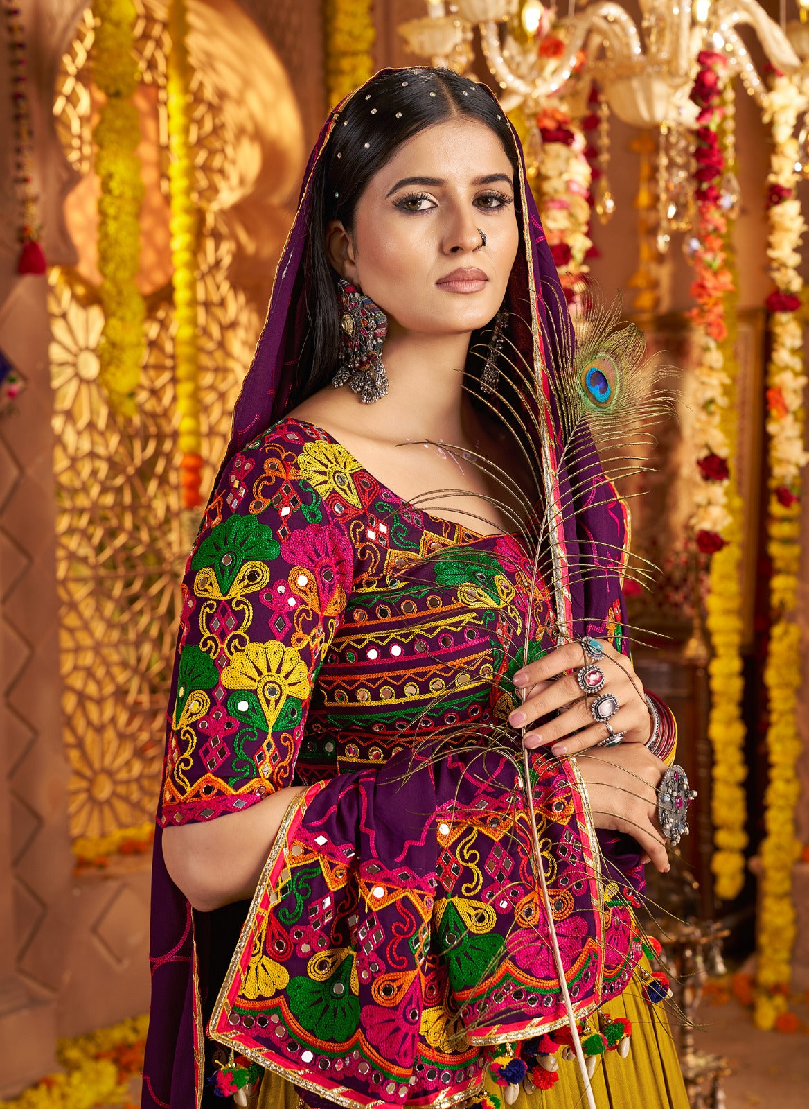 8-Meter Flair Navratri Chaniya Choli | Multicolor Thread & Mirror Work Garba Lehenga Canada