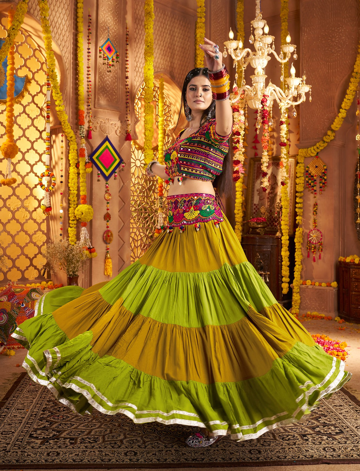 8-Meter Flair Navratri Chaniya Choli | Multicolor Thread & Mirror Work Garba Lehenga Canada