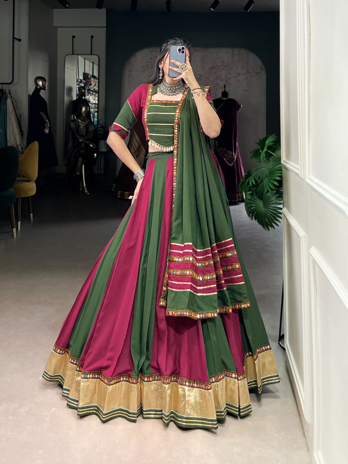 Artistic Paper Mirror Chaniya Choli for Navratri | 6-Meter Rayon Garba Dress in Canada