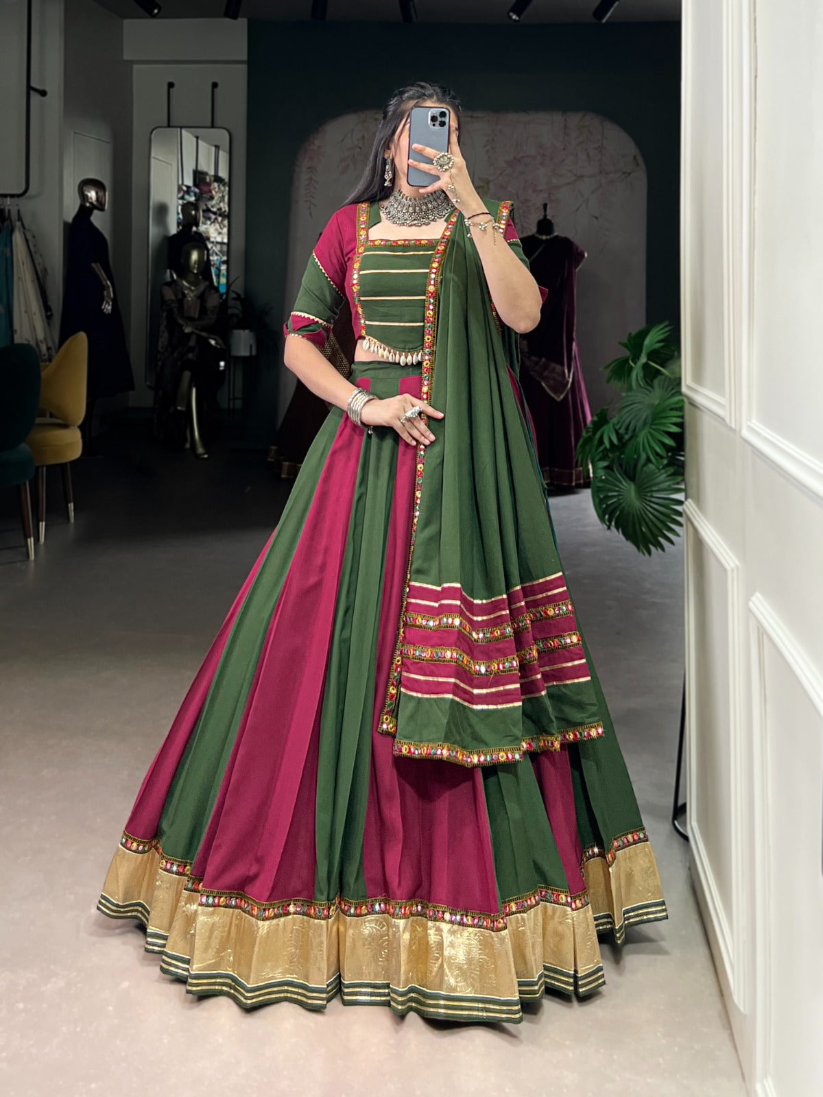Artistic Paper Mirror Chaniya Choli for Navratri | 6-Meter Rayon Garba Dress in Canada
