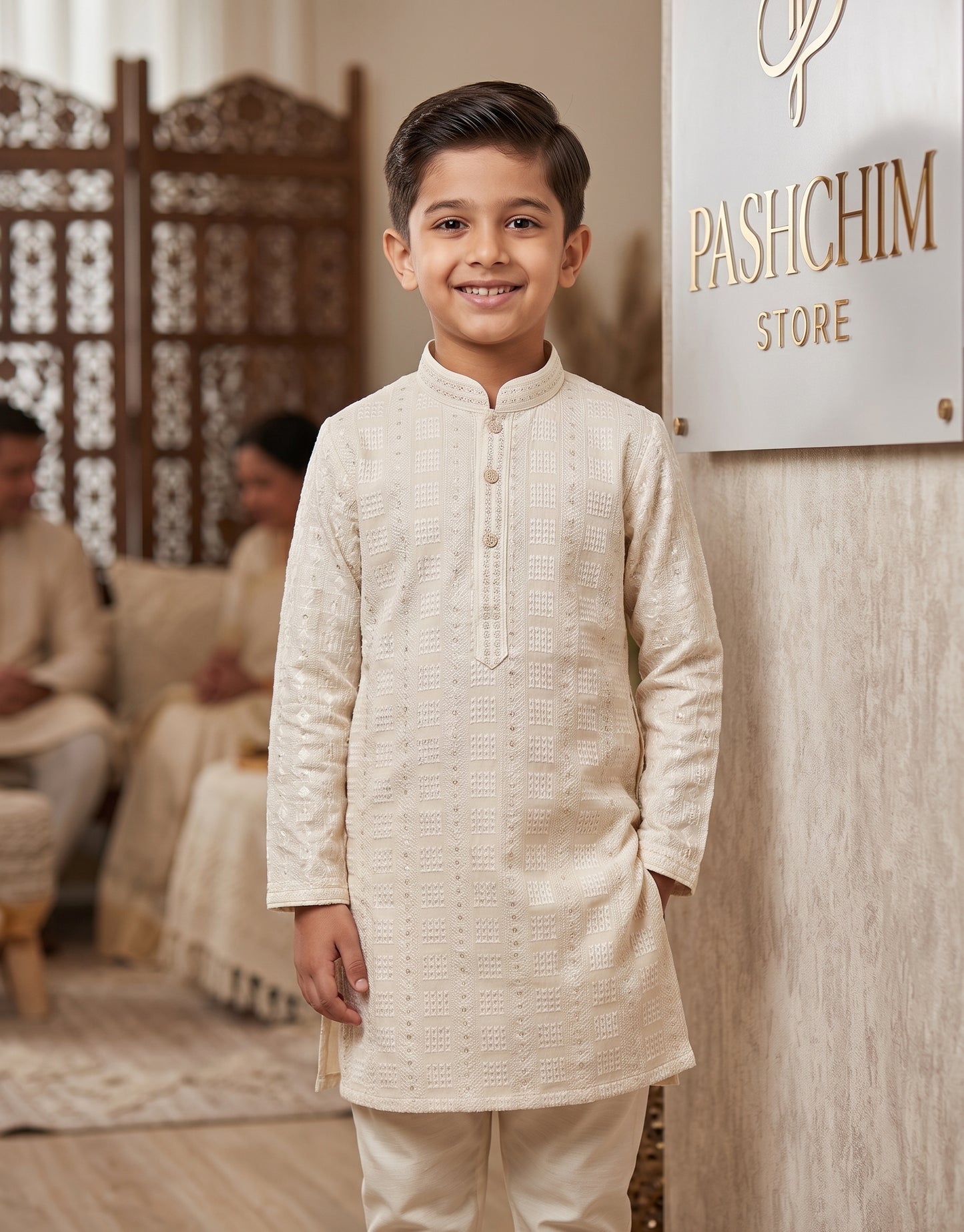 Off-White Chikankari Embroidered Boys' Kurta Pajama Set I Pashchim US Canada