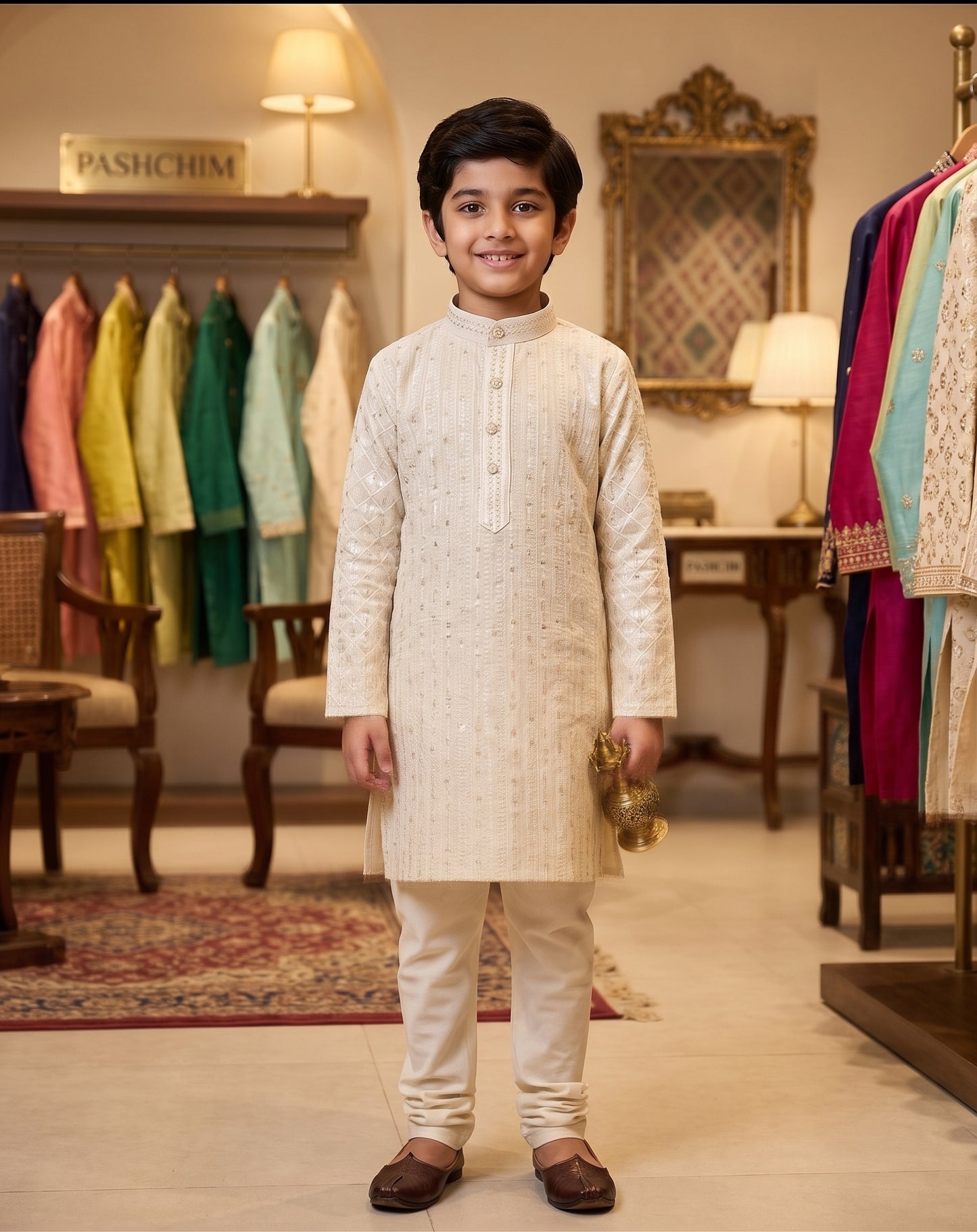 Ivory Linear Sequin Embroidered Boys' Kurta Churidar Pajama Set I Pashchim US Canada