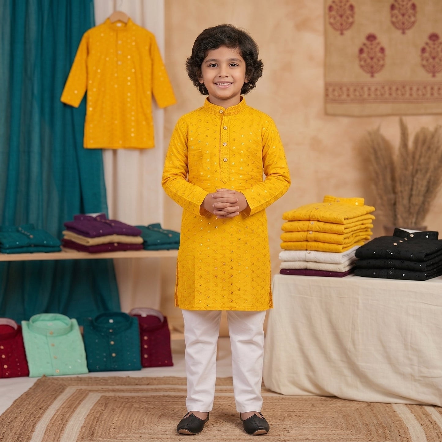 Mustard Yellow Lucknowi Chikankari Boys' Kurta Churidar Pajama Set