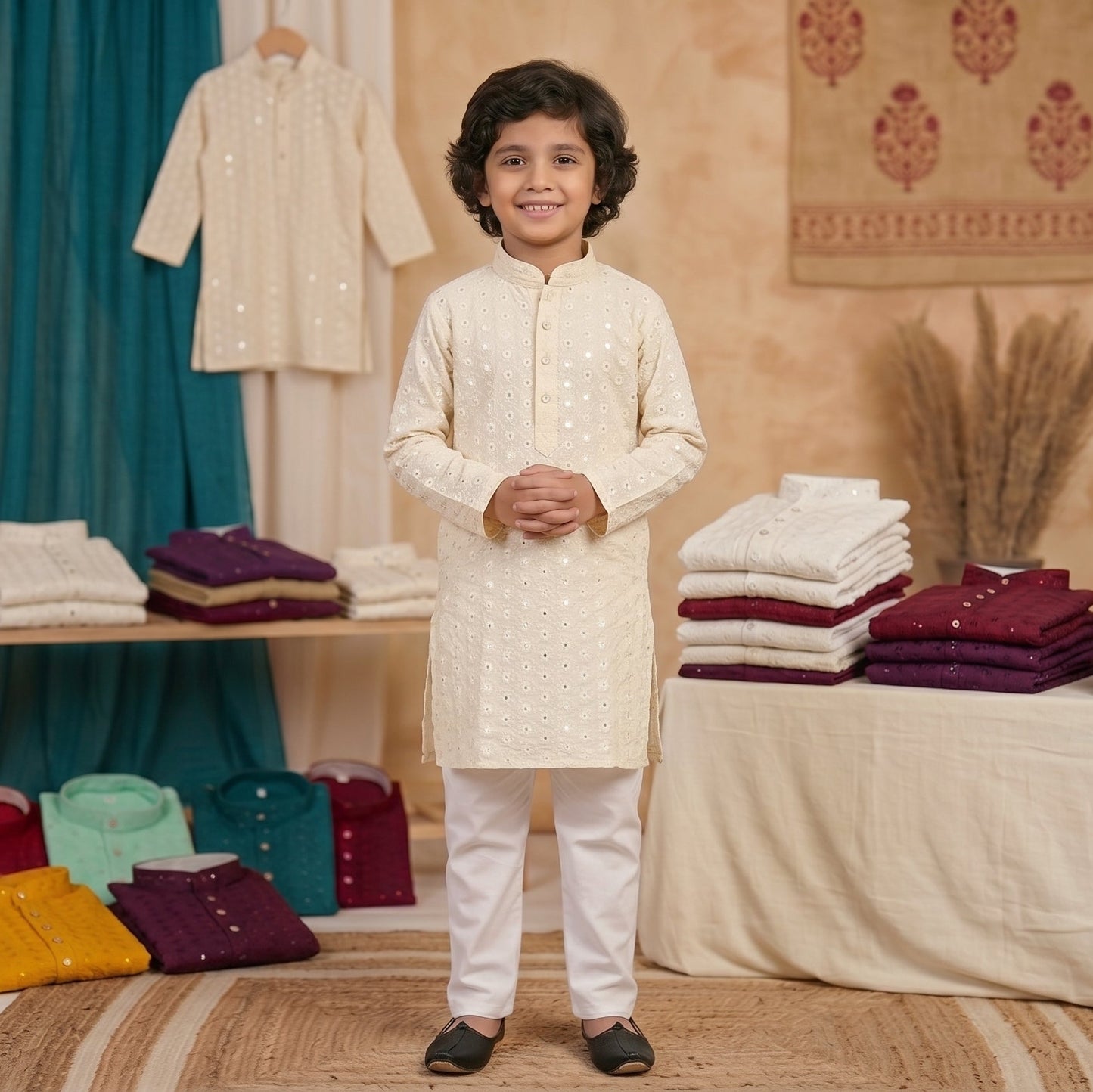 Cream Off-White Lucknowi Sequin Boys' Kurta Churidar Pajama Set I Pashchim Canada - US