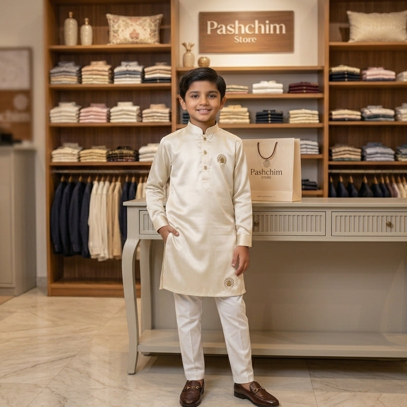 Off-White Satin Silk Boys' Kurta Churidar Set I Pashchim Canada - US