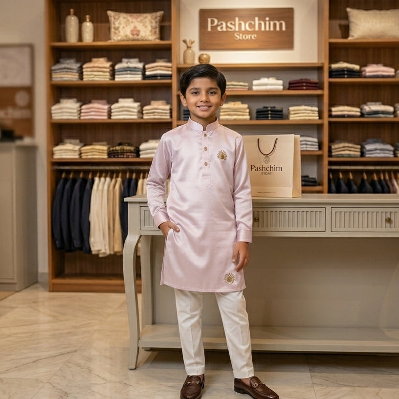 Pastel Blush Pink Satin Silk Boys' Kurta Churidar Set with Crest Motif