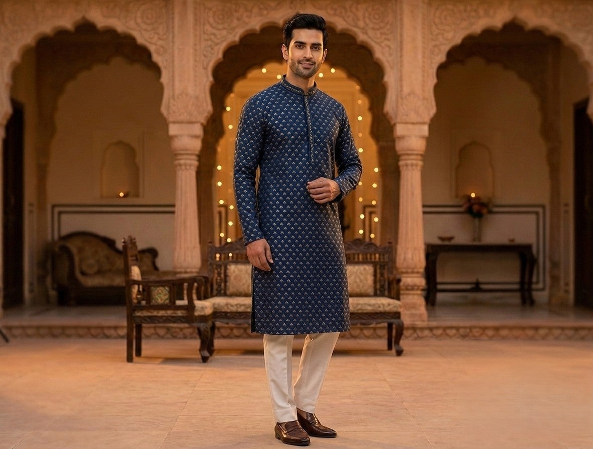 Navy Blue Jacquard Silk Men's Kurta Pajama (Pant) Set I Pashchim US Canada