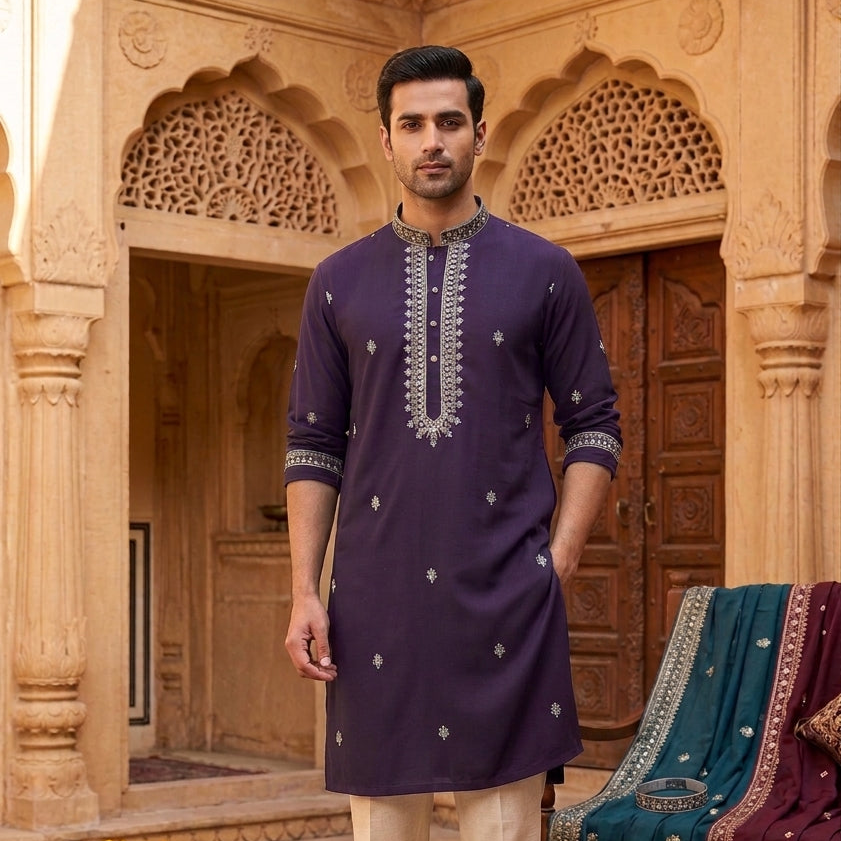Dark Purple Embroidered Men's Kurta Pajama (Pant) Set I US Canada Pashchim
