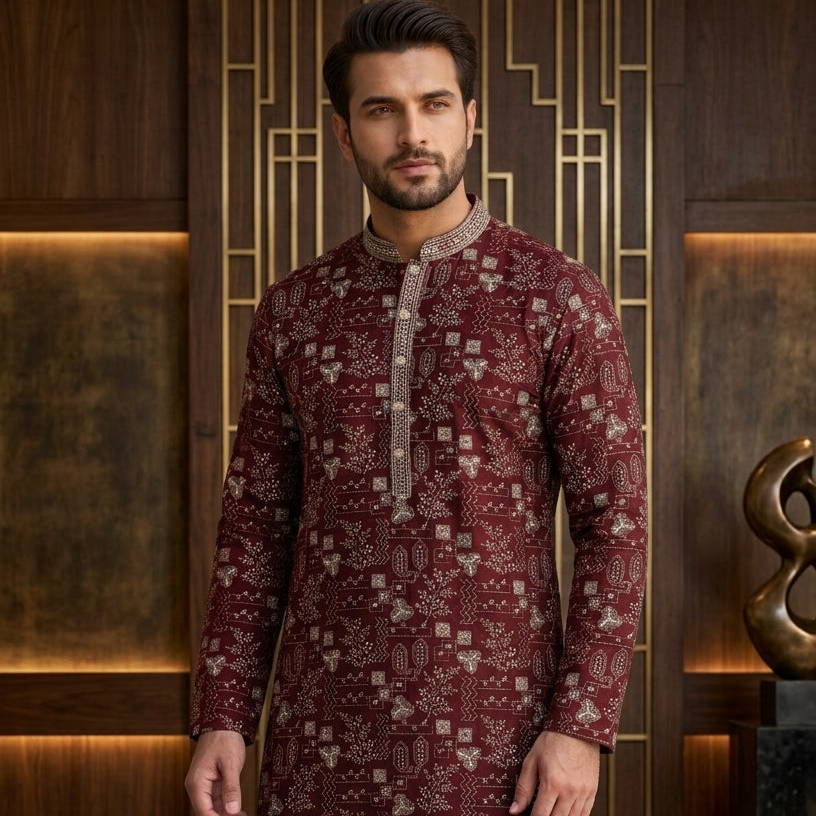 Maroon Kantha Stitch Print Men's Kurta Pajama (Pant) Set I Pashchim US Canada