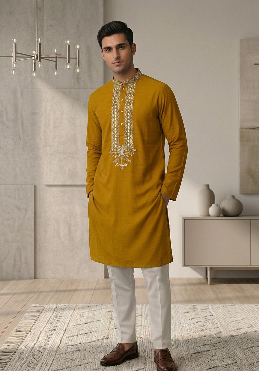 Yellow color Men's Kurta Pajama Set with embroidery across the front placket and collar Pashchim Canada US Haldi Collection