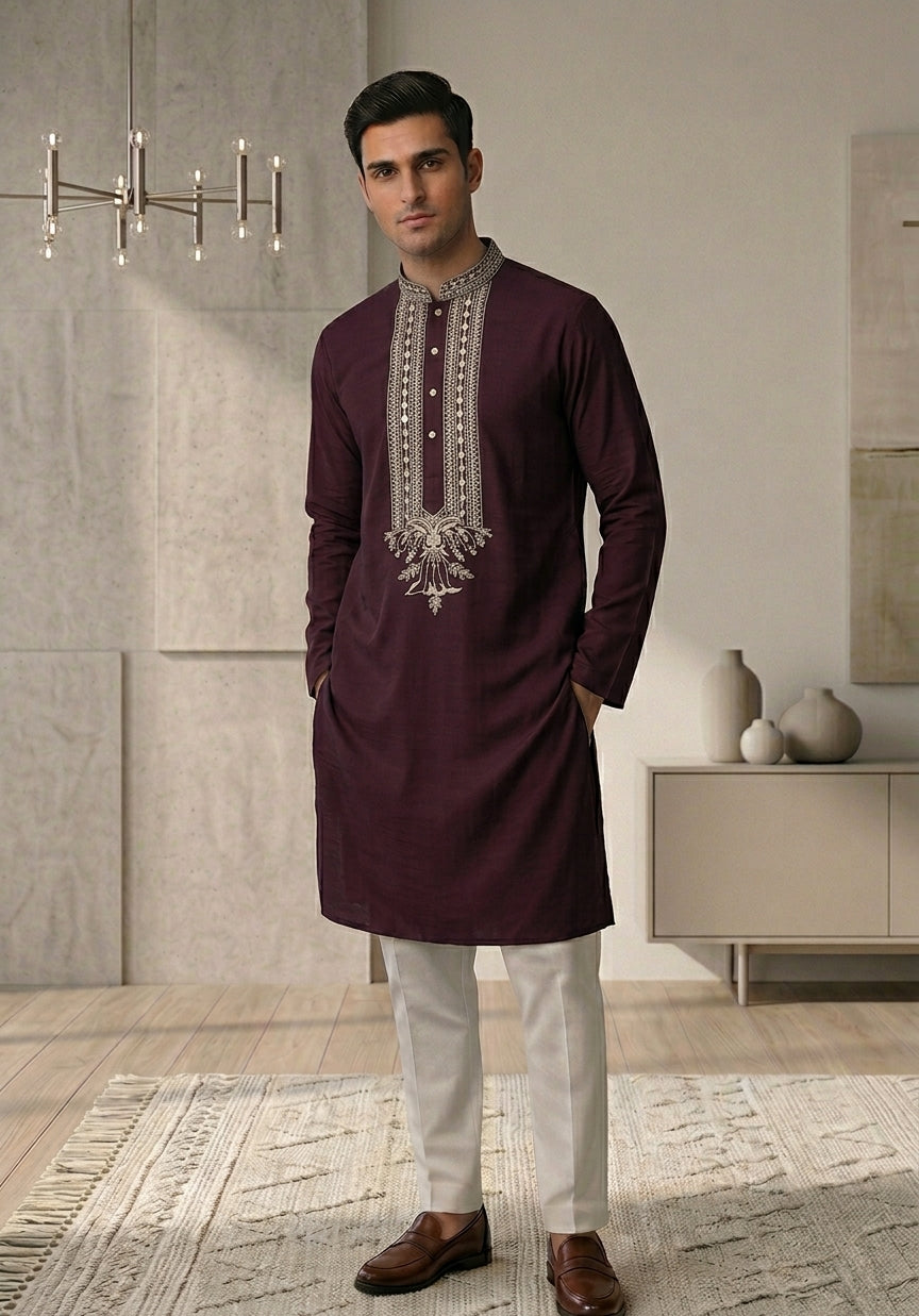 Burgundy color Men's Kurta Pajama Set with embroidery across the front placket and collar Pashchim Canada US Mehndi Collection Wedding parties or Navratri