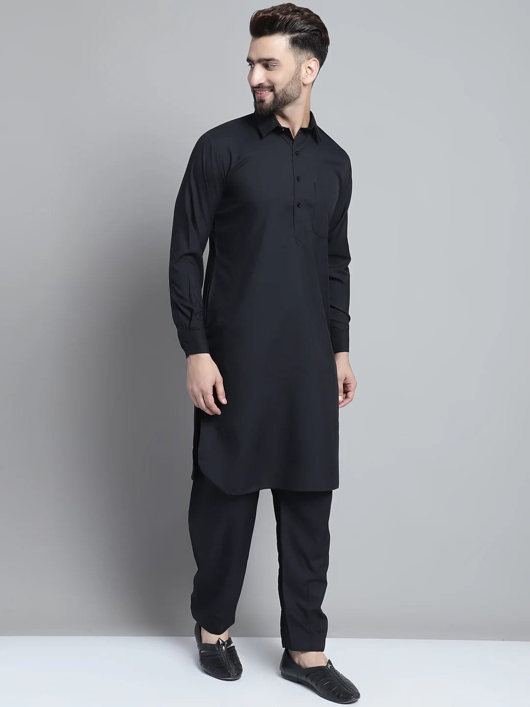 Shirt Collar Kurta Pyjama Set in Black for Vaisakhi Baisakhi Lohri Season