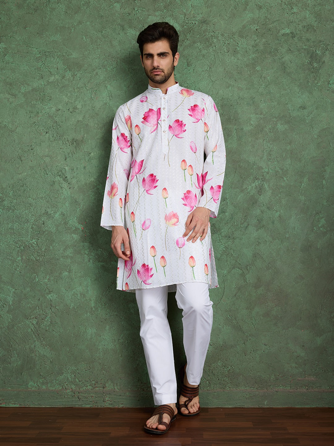Flower Print Festive Kurta with White Pyjama Pants for Men's | Printed Designer Kurta for Navratri, Baby Shower or Weddings Celebrations