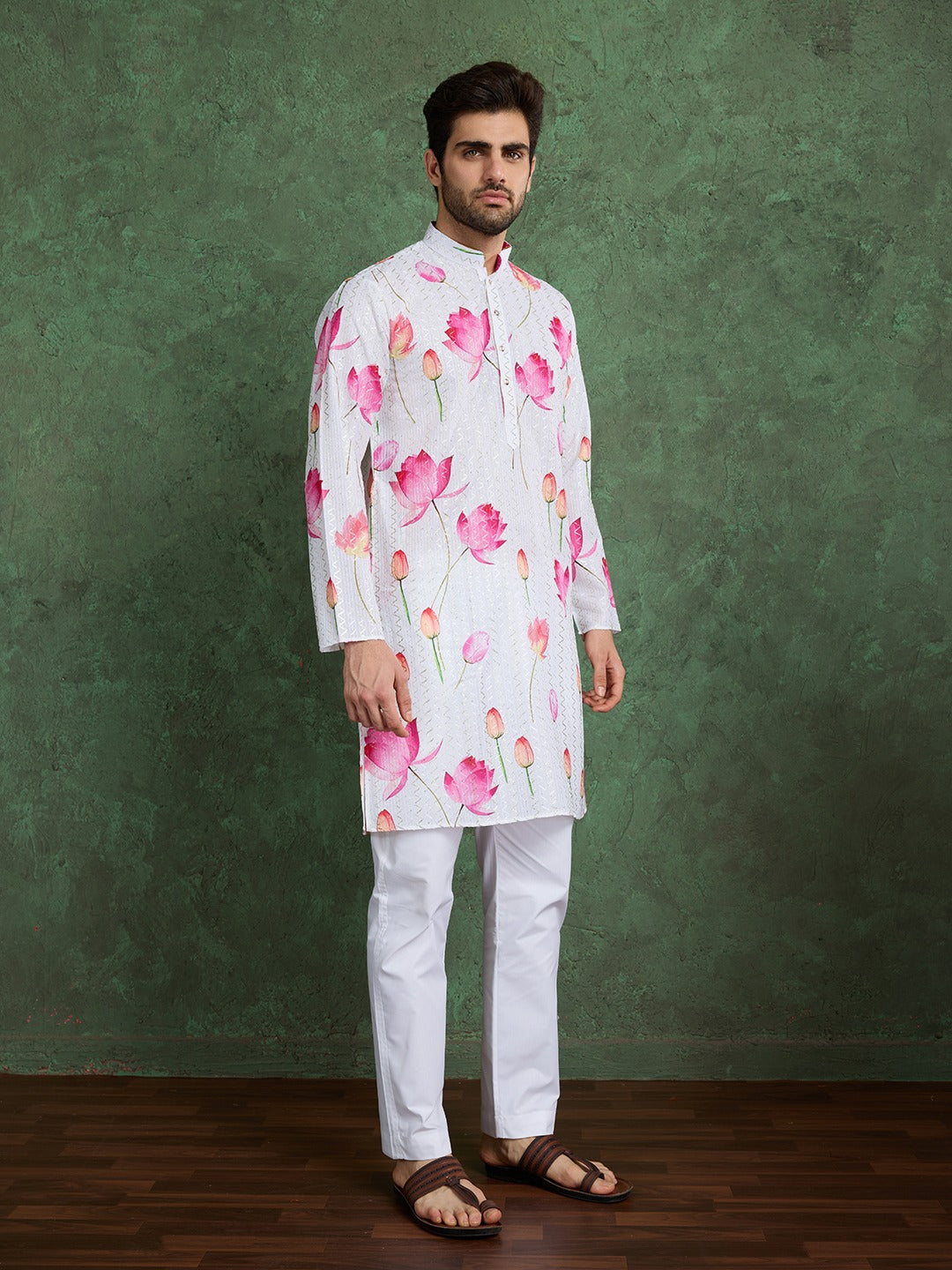 Flower Print Festive Kurta with White Pyjama Pants for Men's | Printed Designer Kurta for Navratri, Baby Shower or Weddings Celebrations