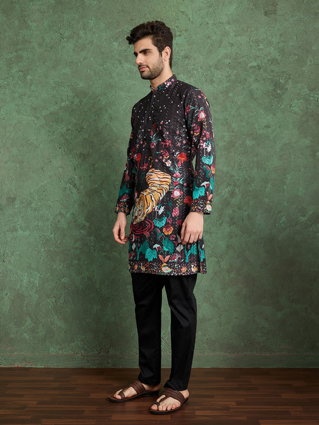 Tiger Hand‑Embroidered Designer Kurta – Black with Black Pyjama Pants for Men's | Suitable for Navratri, Baby Shower, Night Weddings Celebrations or Diwali