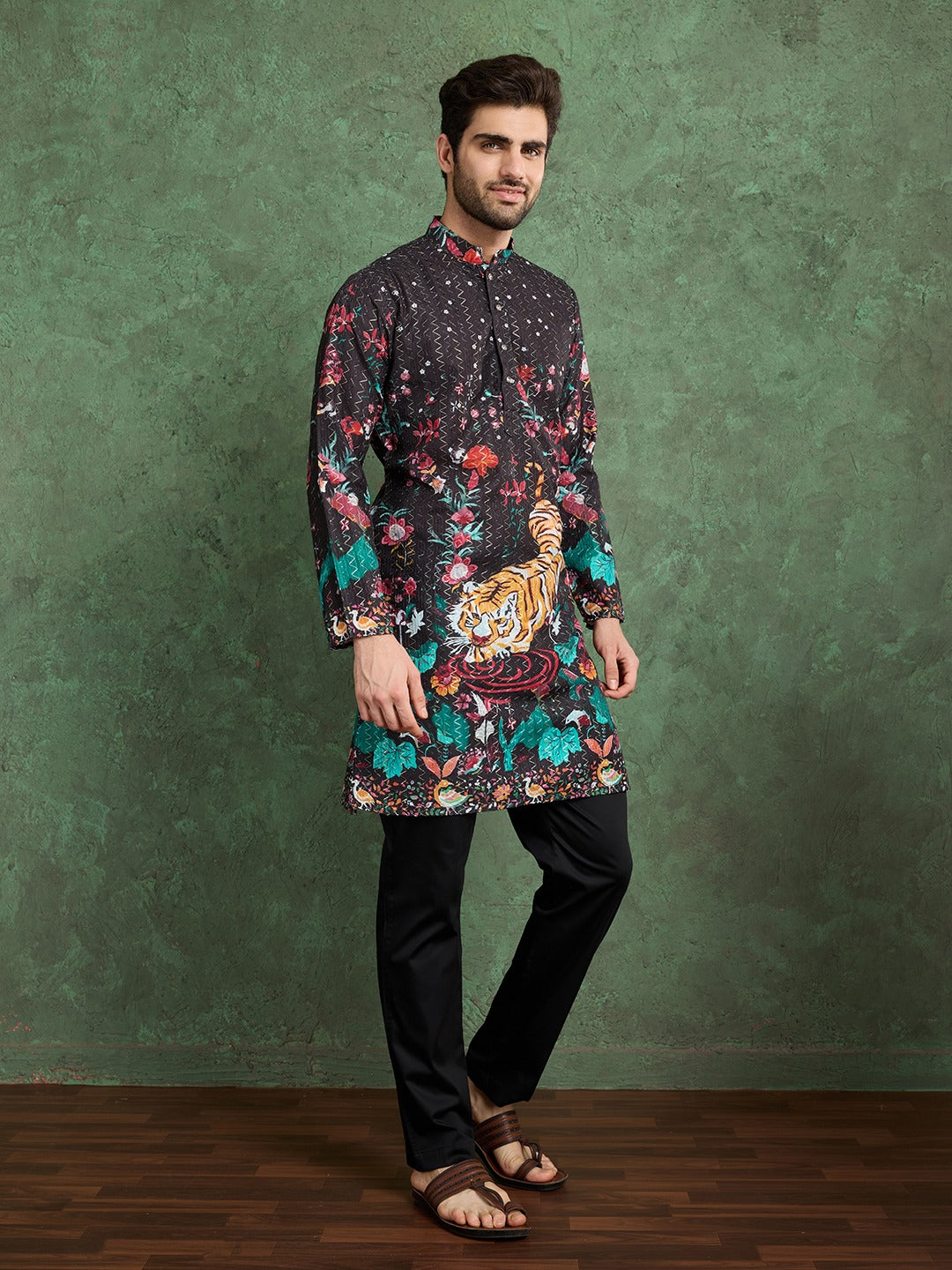 Tiger Hand‑Embroidered Designer Kurta – Black with Black Pyjama Pants for Men's | Suitable for Navratri, Baby Shower, Night Weddings Celebrations or Diwali