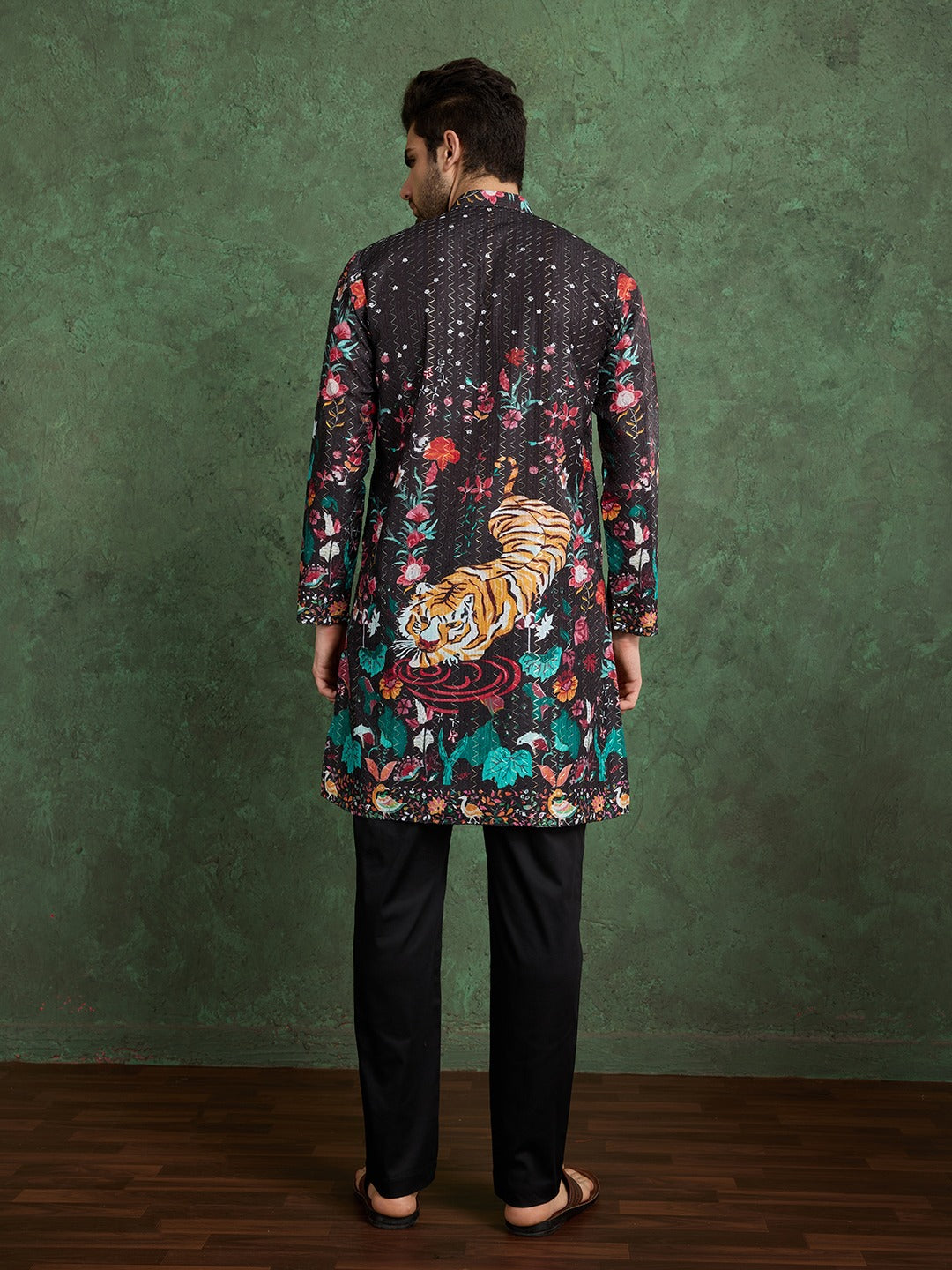 Tiger Hand‑Embroidered Designer Kurta – Black with Black Pyjama Pants for Men's | Suitable for Navratri, Baby Shower, Night Weddings Celebrations or Diwali