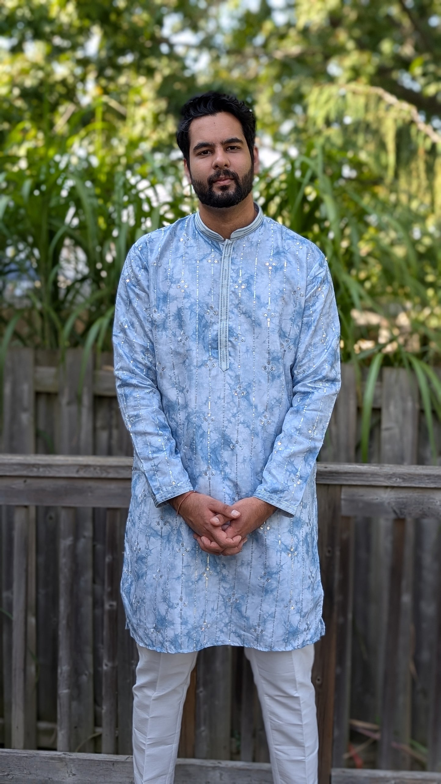 Sky Blue Printed Embroidery Work Kurta Pyjama Set | Diwali, Navratri Garba, Onam or Indian Wedding outfit | Pashchim London, Windsor, Vancouver, Surrey